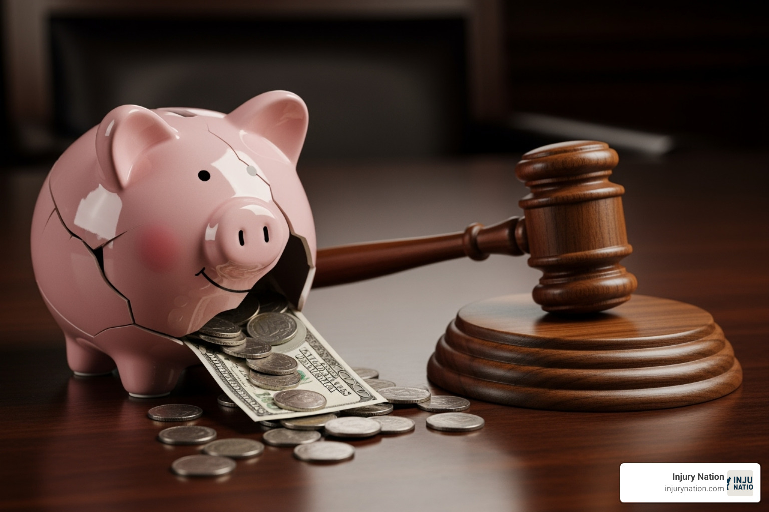 A broken piggy bank next to a gavel - best injury attorney