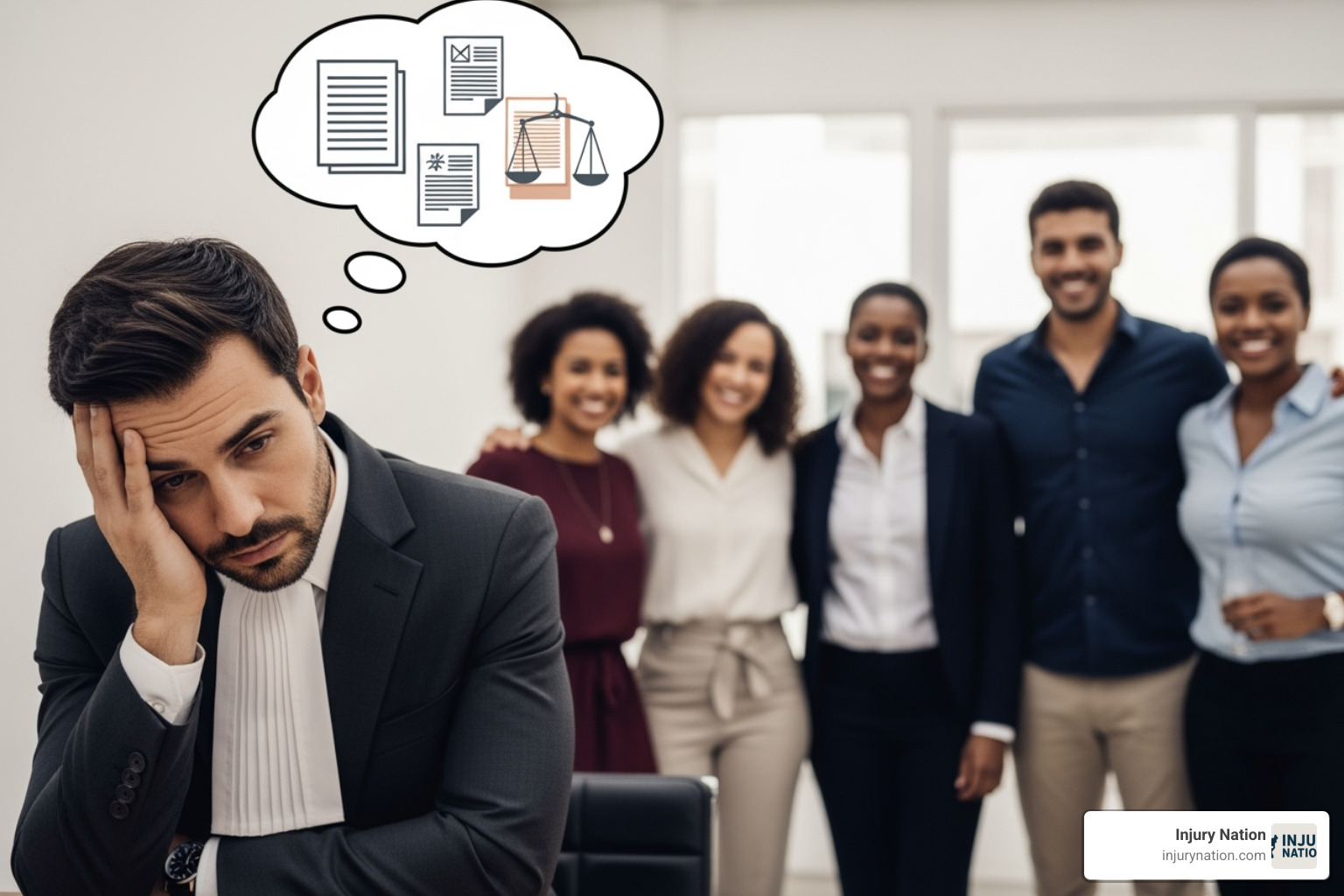 effects of stress on personal relationships or health, showing a person with a stressed expression pulling away from a group of friends, while thought bubbles above their head contain legal terms and scenarios - lawyer brain
