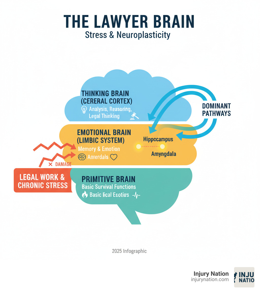 infographic showing the three functional areas of the brain: the primitive brain (basic survival functions), the emotional brain (limbic system including hippocampus and amygdala for memory and emotion), and the thinking brain (cerebral cortex for analysis, reasoning, and legal thinking), with arrows showing how chronic stress from legal work can damage the hippocampus and create dominant pathways in the thinking brain - lawyer brain infographic 
