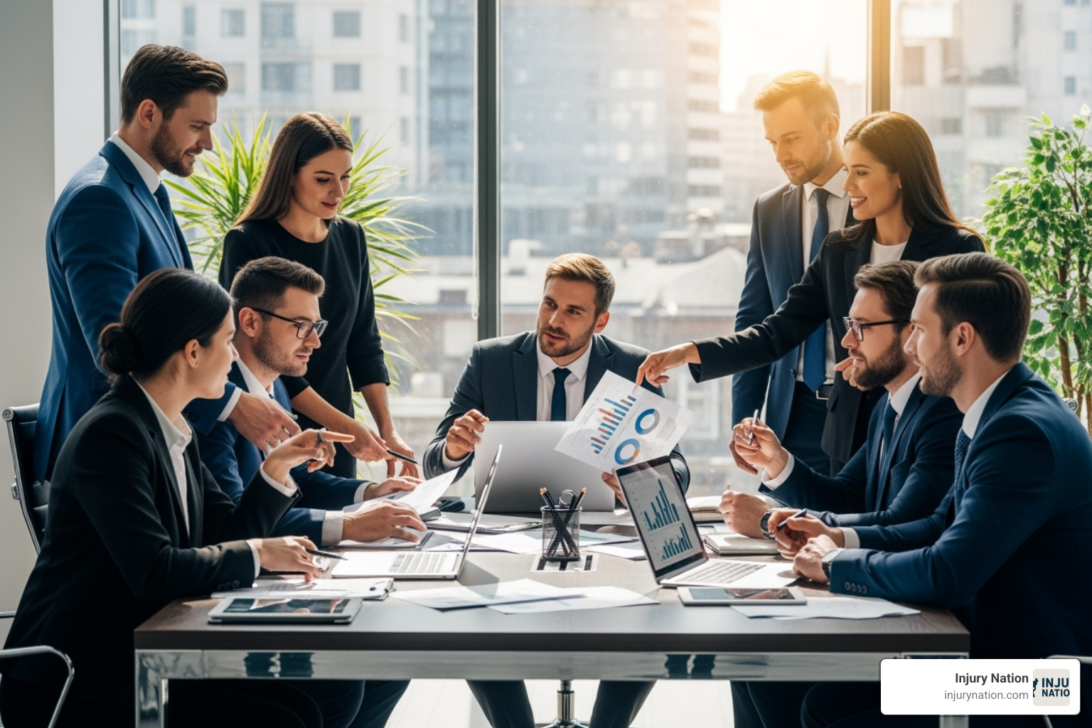 confident and successful lawyer collaborating with a team, all looking engaged and positive, in a modern office setting - lawyer brain