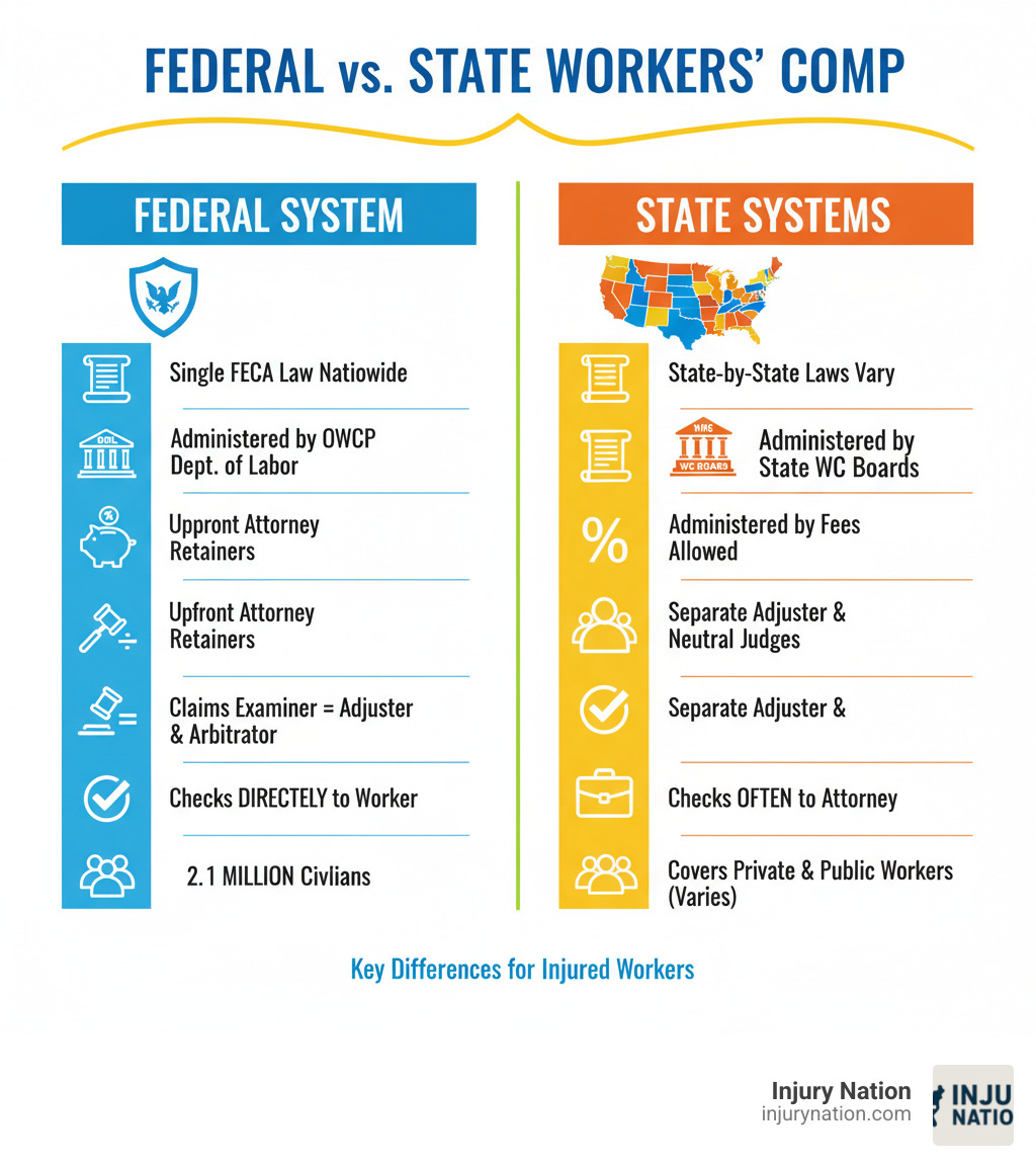 Infographic comparing federal and state workers' compensation systems, showing key differences including: Federal system uses single FECA law nationwide vs state-by-state laws, administered by OWCP Department of Labor vs state workers' comp boards, requires upfront attorney retainers vs contingency fees allowed, uses claims examiners as both adjuster and arbitrator vs separate neutral judges, compensation checks sent directly to worker vs often to attorney, and covers 2.1 million federal civilian employees - injured federal worker attorney infographic 
