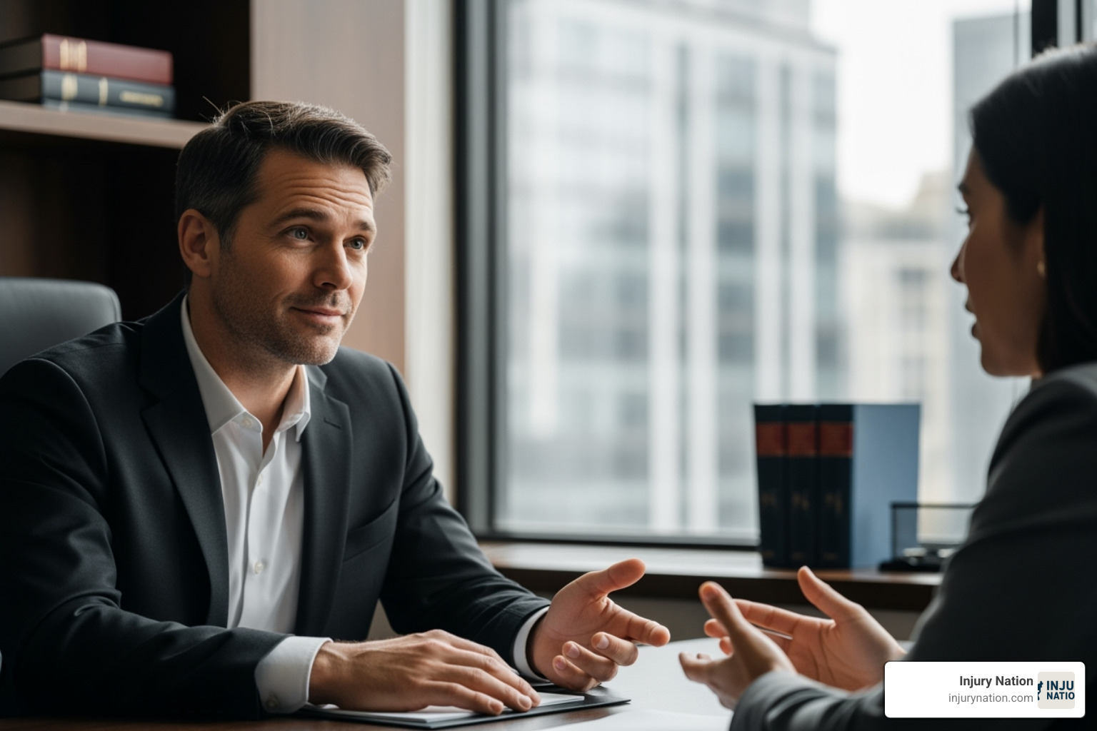 A lawyer compassionately listening to a client - best injury attorney