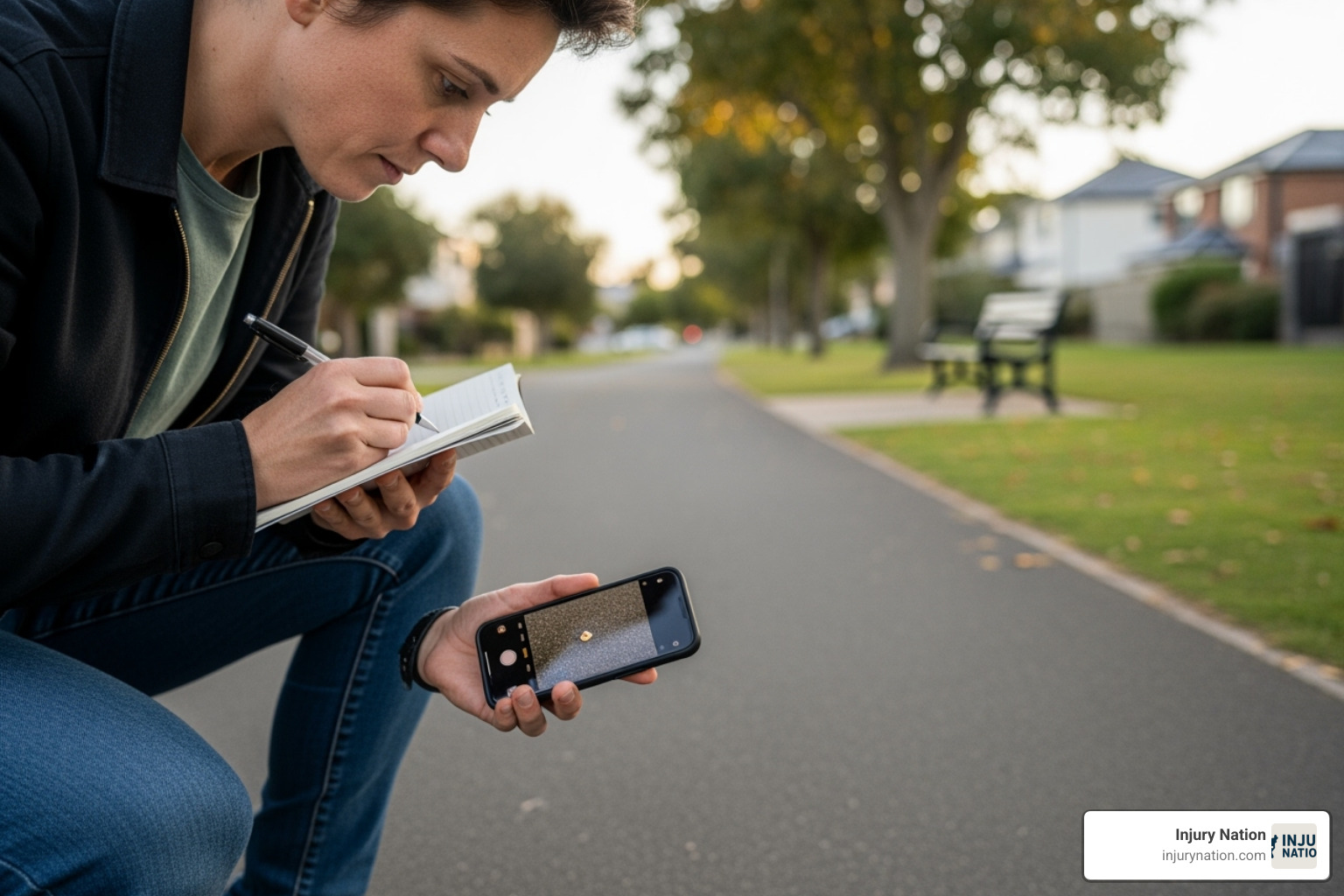 person taking notes and photos at the scene of an incident - Dog bite compensation