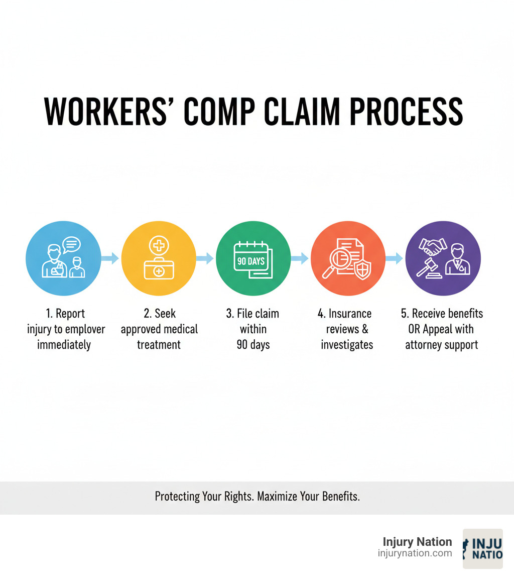 Infographic showing the workers' compensation claim process: Step 1 - Report injury to employer immediately, Step 2 - Seek approved medical treatment, Step 3 - File workers' comp claim within 90 days, Step 4 - Insurance company reviews and investigates, Step 5 - Receive benefits or file appeal with attorney support - best workman's comp attorneys infographic 