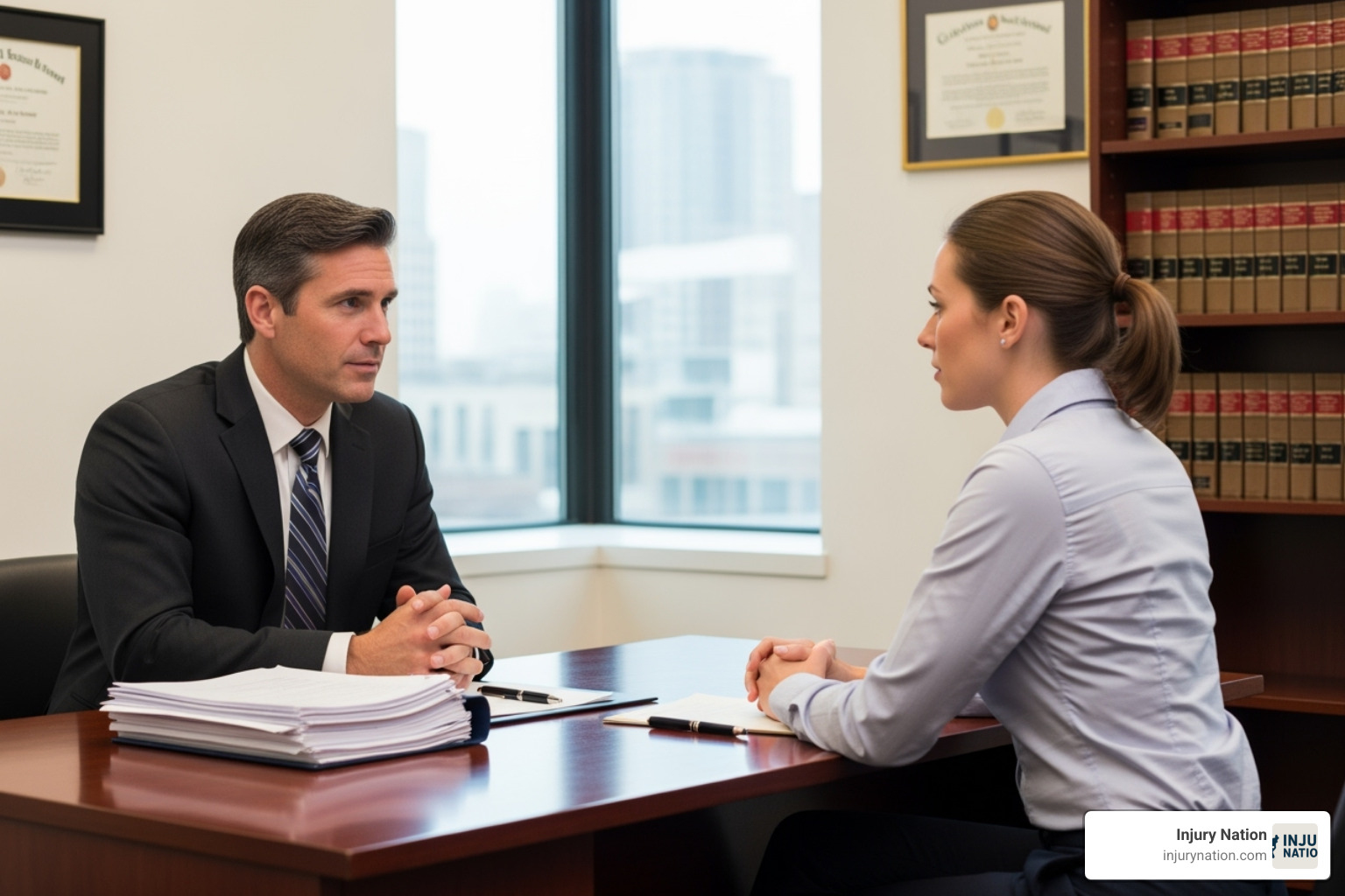 Lawyer speaking with client - injured federal worker attorney