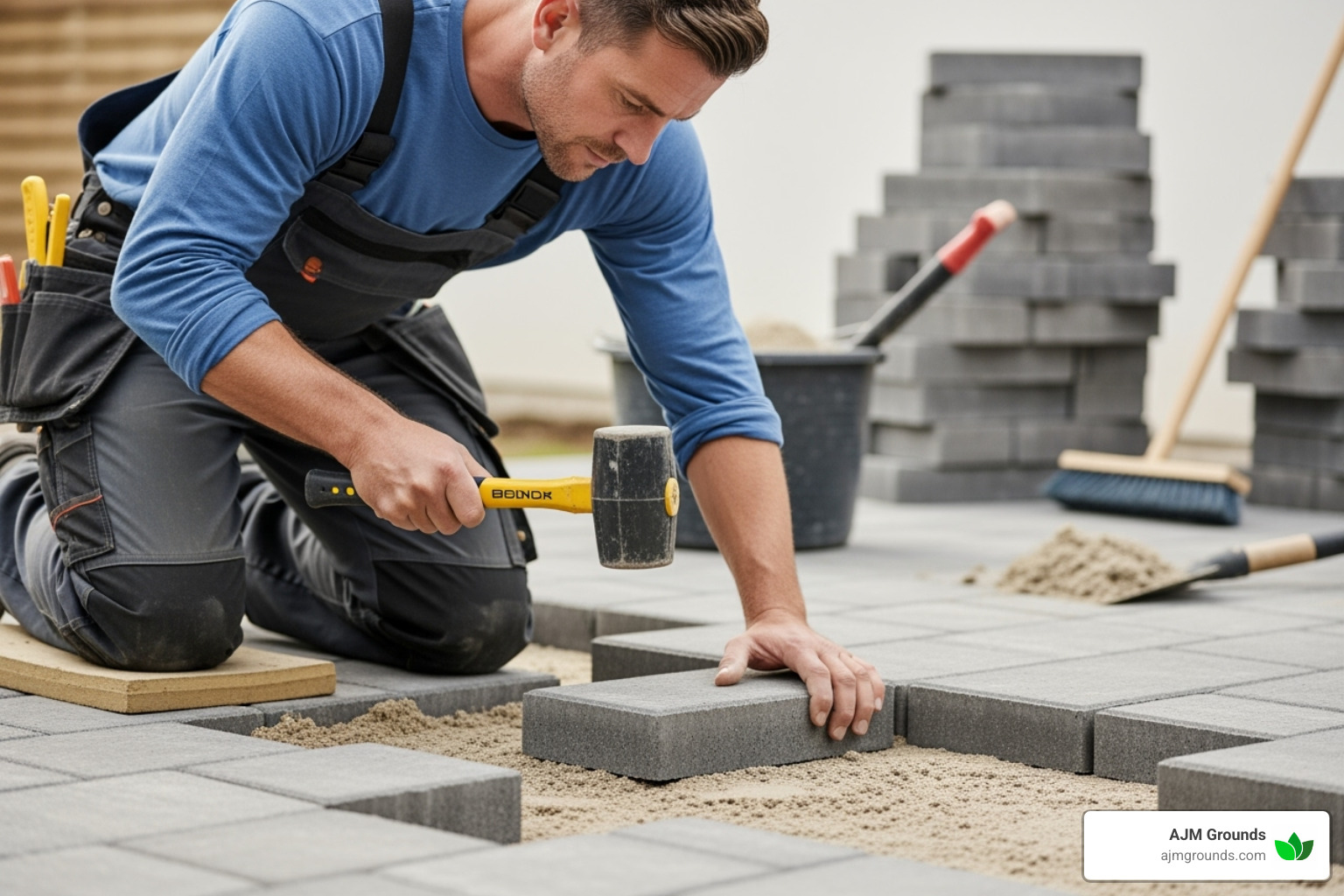 professional leveling a paver with a rubber mallet during a patio repair - hardscape repair near me