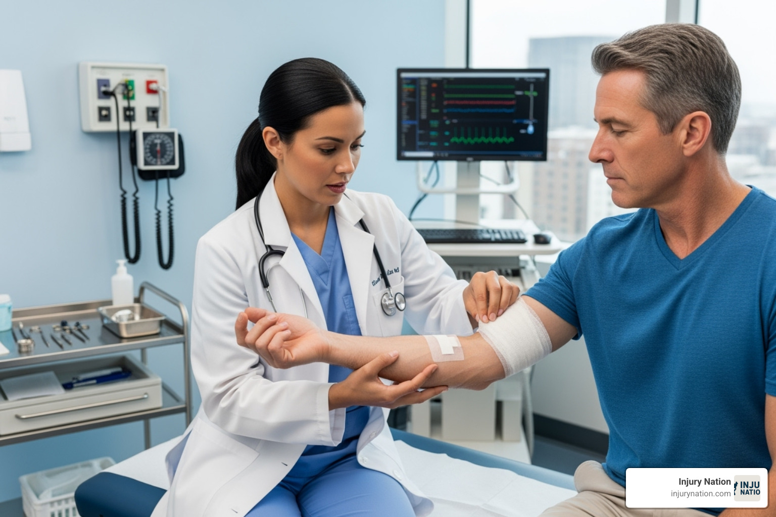 Doctor examining patient's arm - injured federal worker attorney