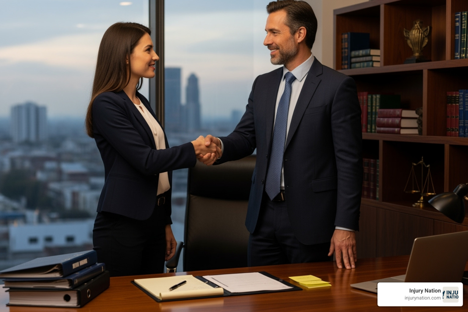 a lawyer and client shaking hands in an office setting - best workman's comp attorneys
