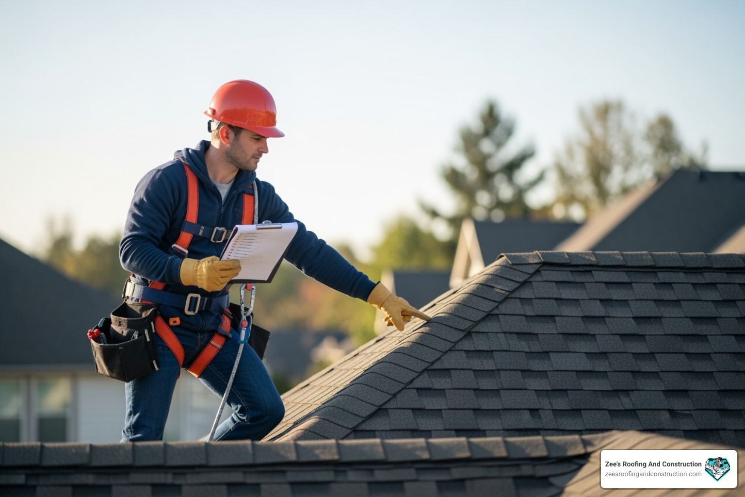 Zee's Roofing & Construction roofer safely inspecting a roof with a checklist - apopka roof inspection service