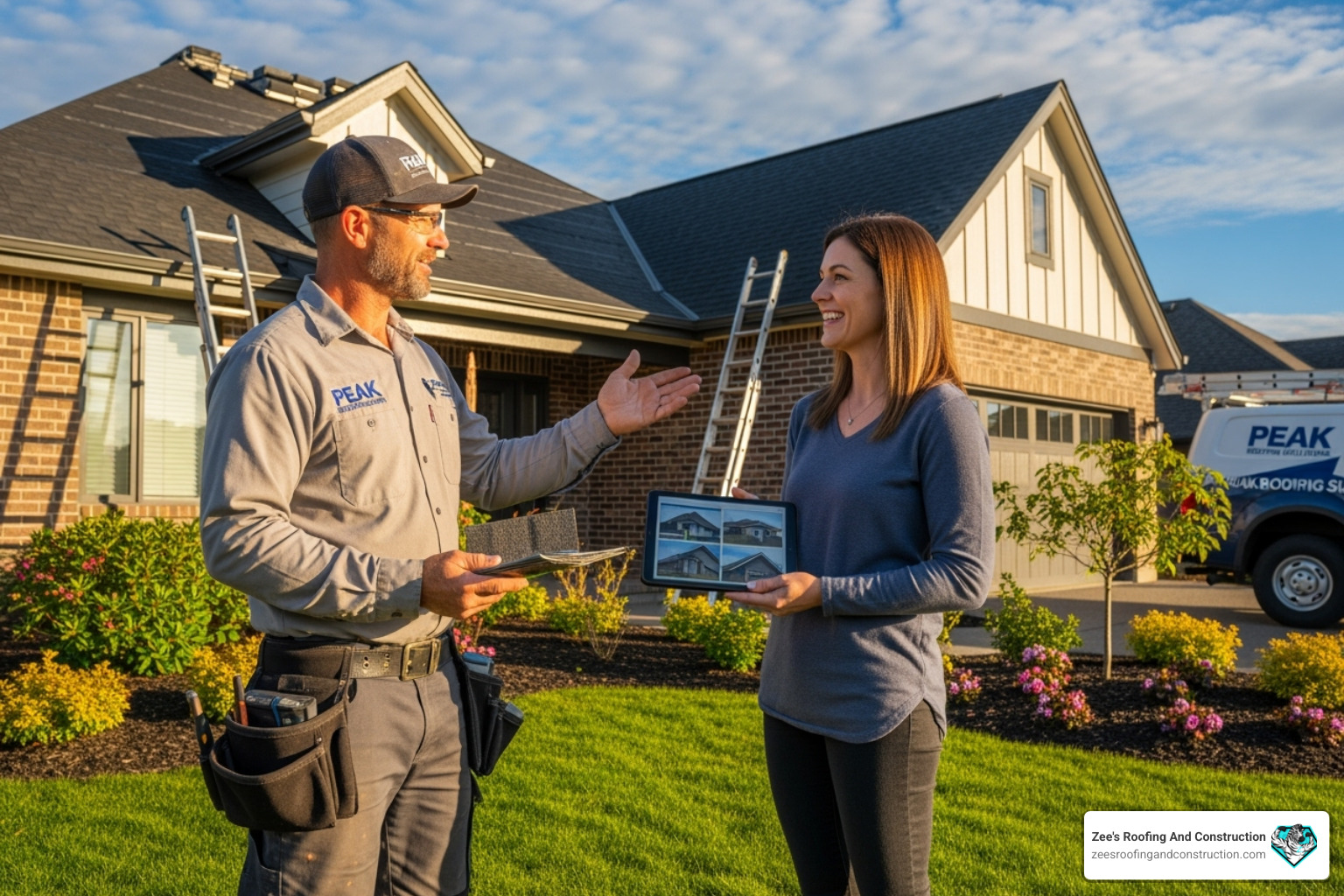 professional roofer talking with a homeowner - apopka roof inspection service