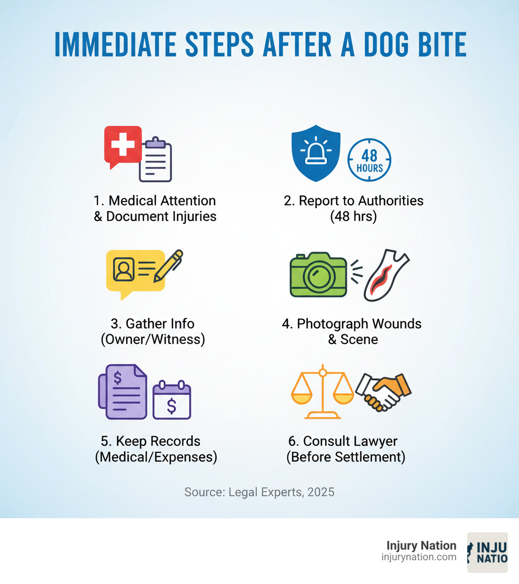 infographic showing the immediate steps after a dog bite: 1. Seek immediate medical attention and document injuries, 2. Report to police or animal control within 48 hours, 3. Gather owner information and witness contacts, 4. Photograph wounds and the scene, 5. Keep records of all medical visits and expenses, 6. Consult a personal injury lawyer before accepting any settlement offers - Dog bite compensation infographic 