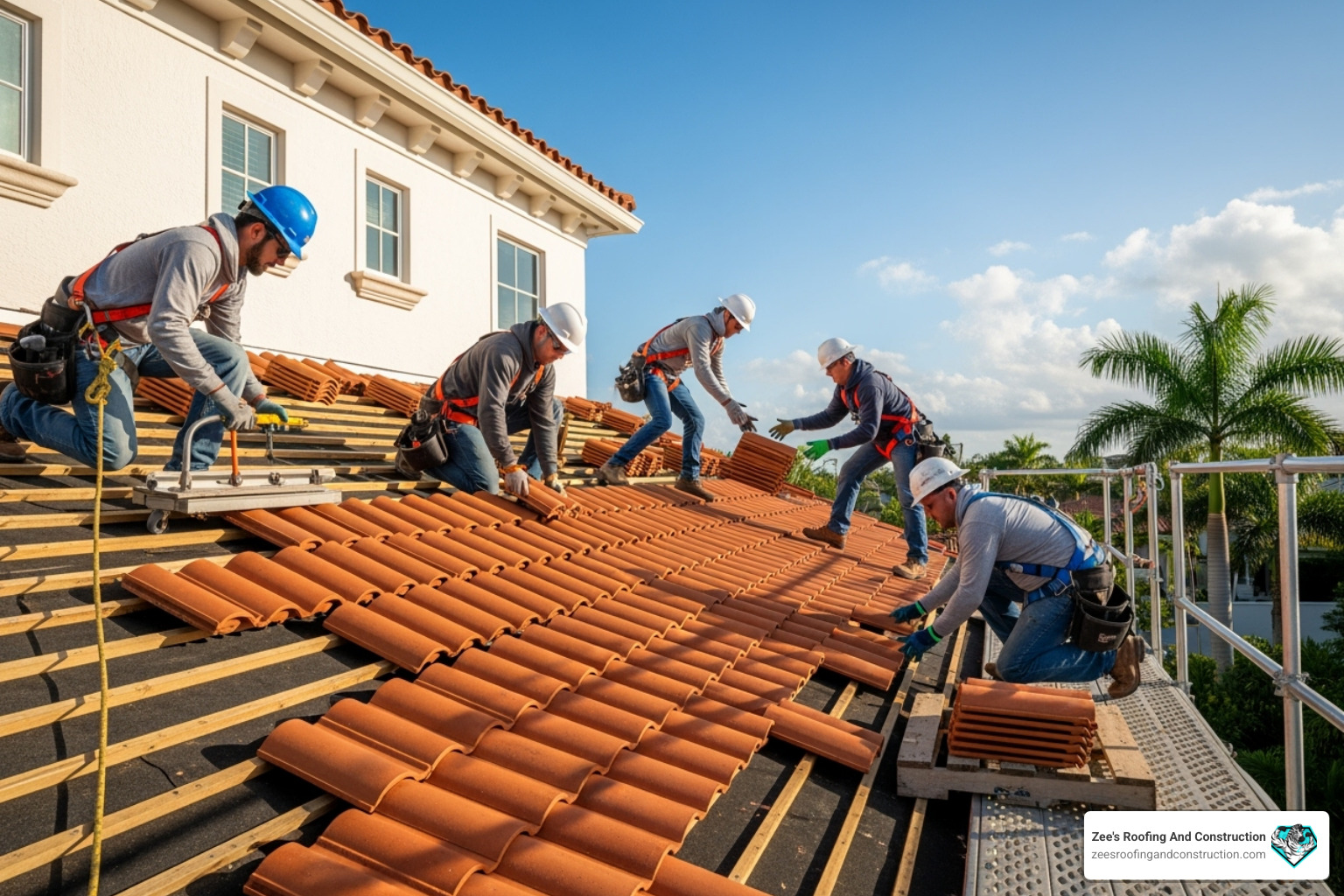 roofing team carefully laying new tiles on a roof deck - tile roofing company orlando