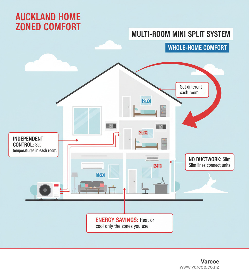 Detailed infographic showing a cutaway view of an Auckland home with one outdoor mini split unit connected via refrigerant lines to four different indoor units in separate rooms, with temperature indicators showing different settings for each zone, and callouts explaining energy savings and independent control - multiple room mini split infographic 