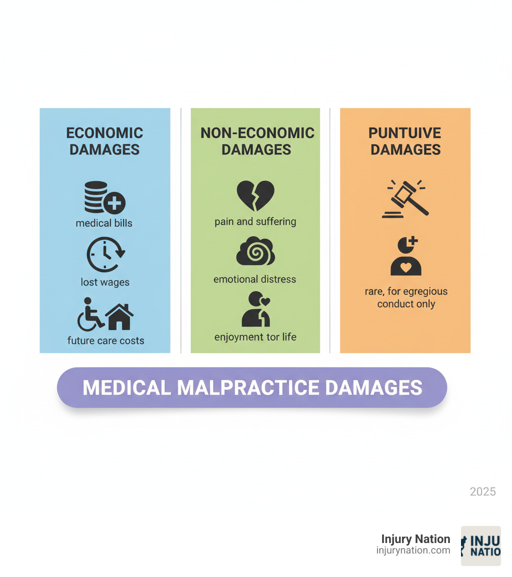 Infographic showing three columns: Economic Damages (medical bills, lost wages, future care costs), Non-Economic Damages (pain and suffering, emotional distress, loss of enjoyment of life), and Punitive Damages (rare, for egregious conduct only) - Medical malpractice damages infographic 