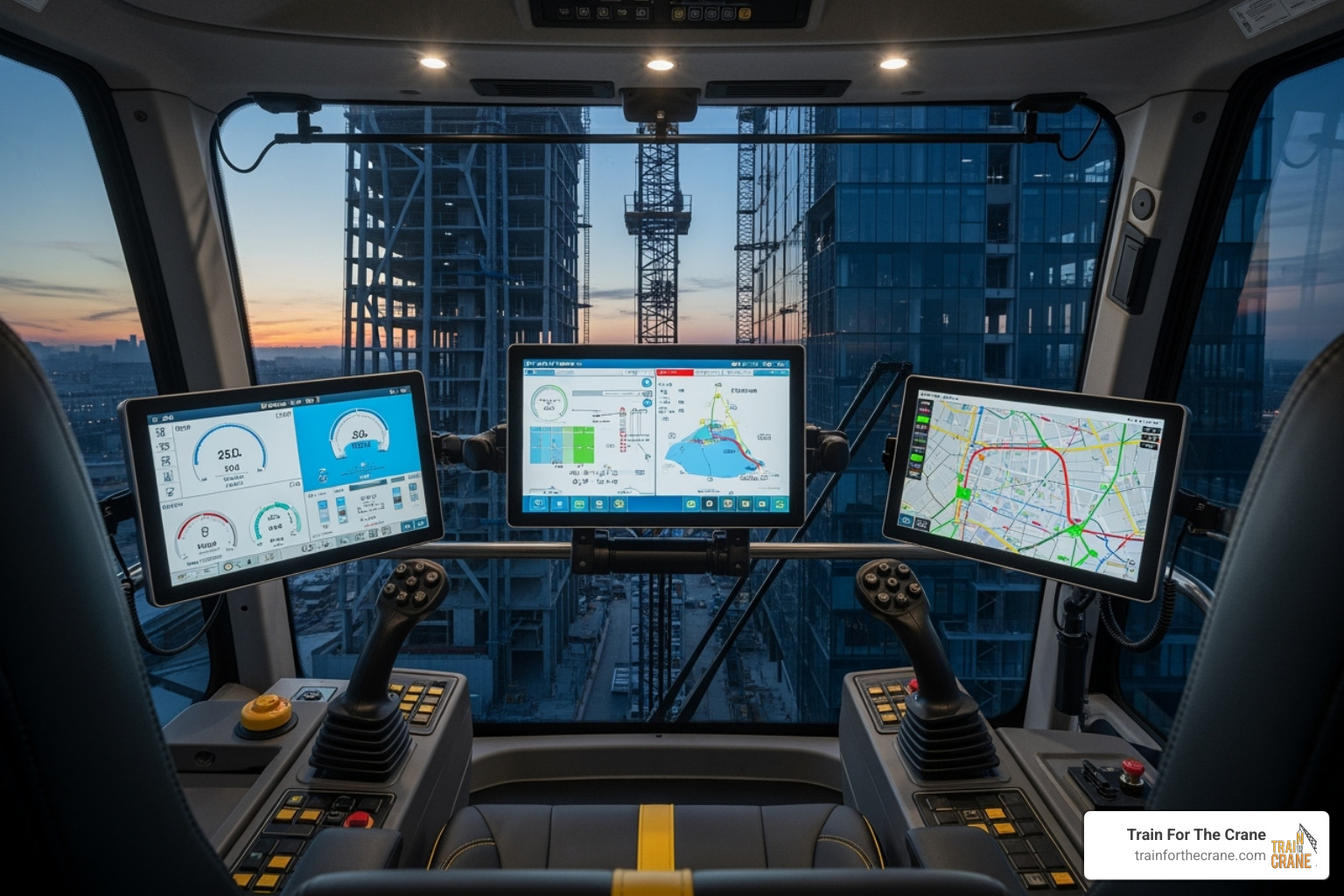 modern crane operator's cab with multiple digital displays and joystick controls - all terrain crane modern crane operator's cab with multiple digital displays and joystick controls - all terrain crane