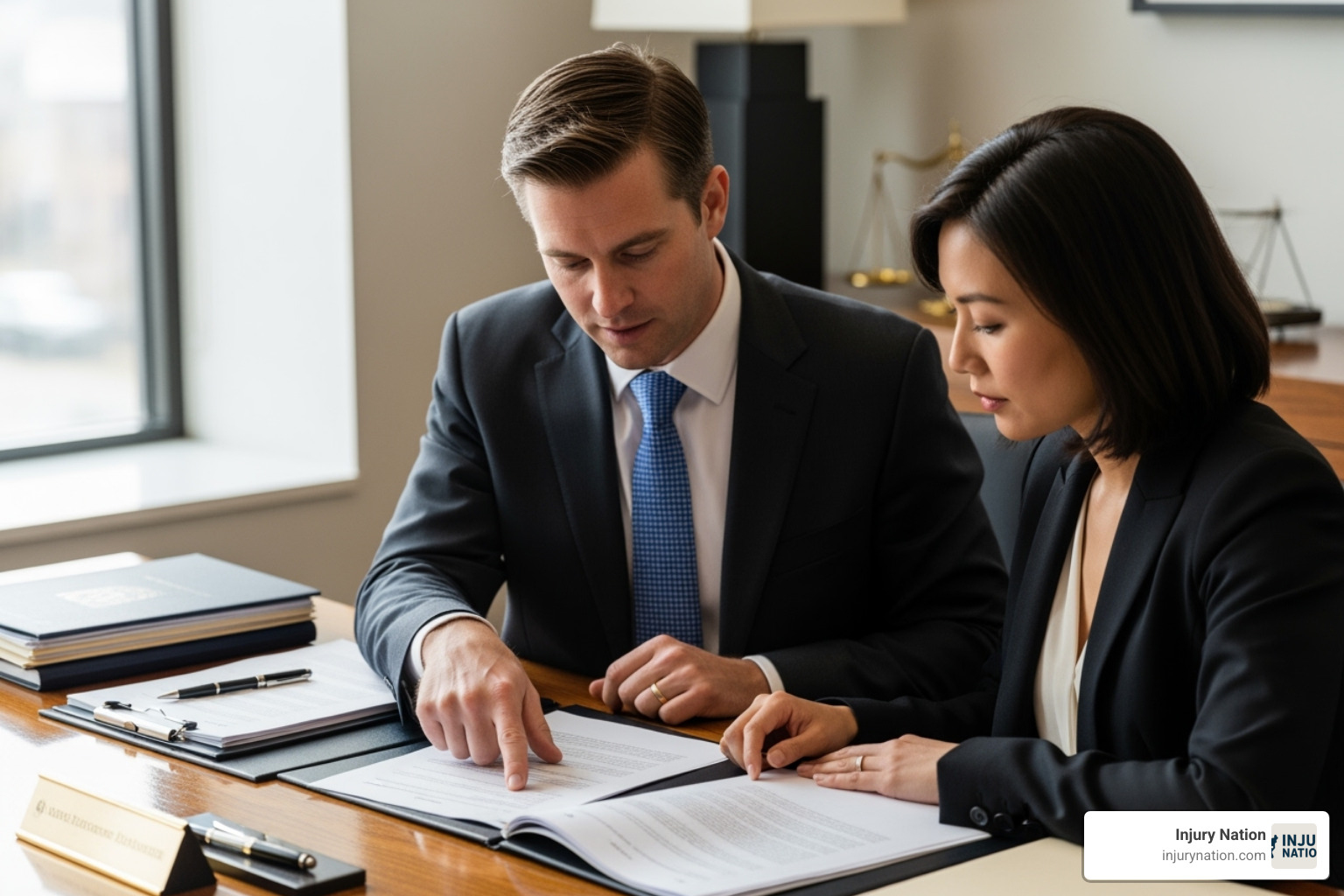 A lawyer and client reviewing a legal document together - las vegas misdiagnosis lawyer