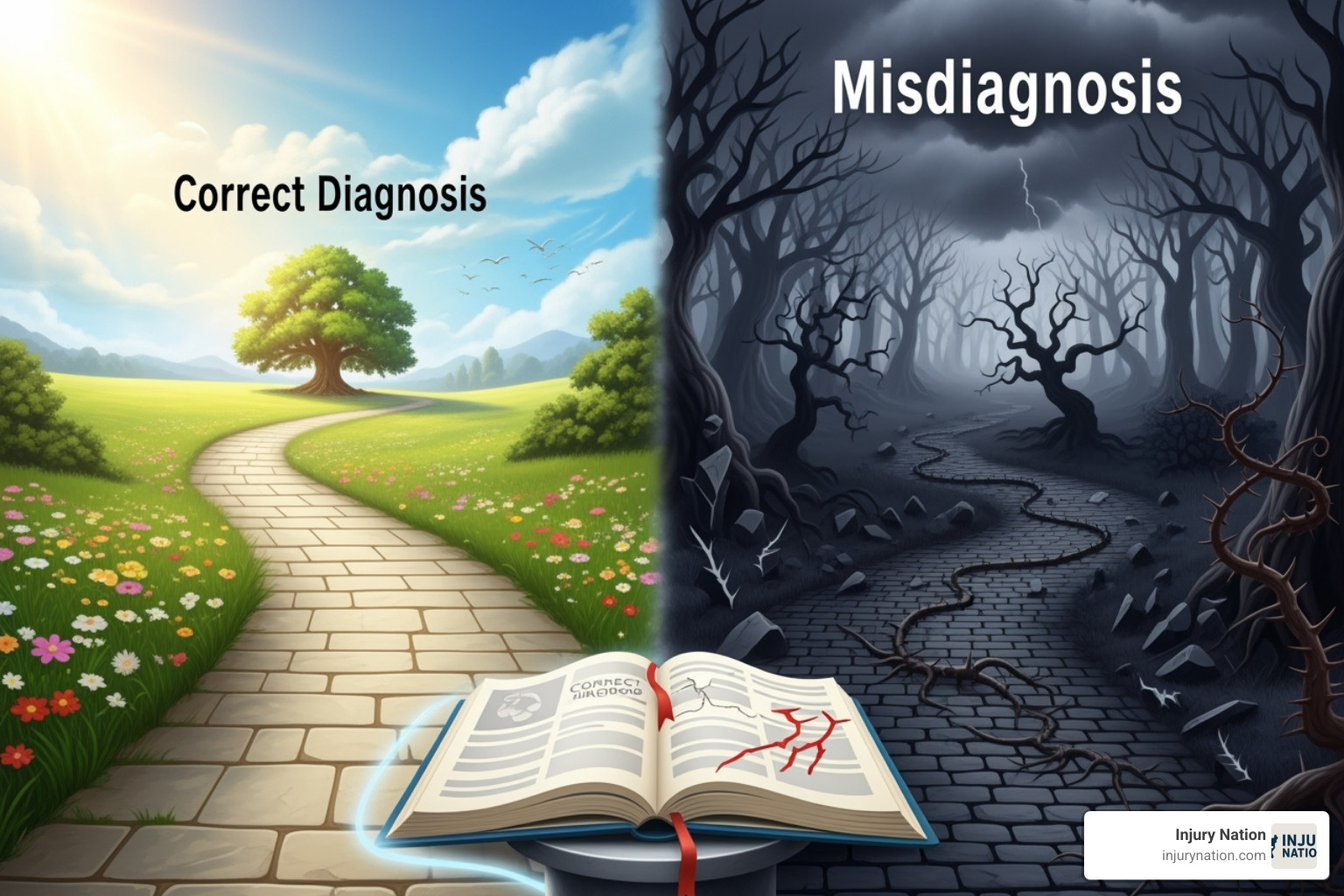 Illustration of a correct diagnosis path versus a misdiagnosis path, showing the diverging outcomes - las vegas misdiagnosis lawyer