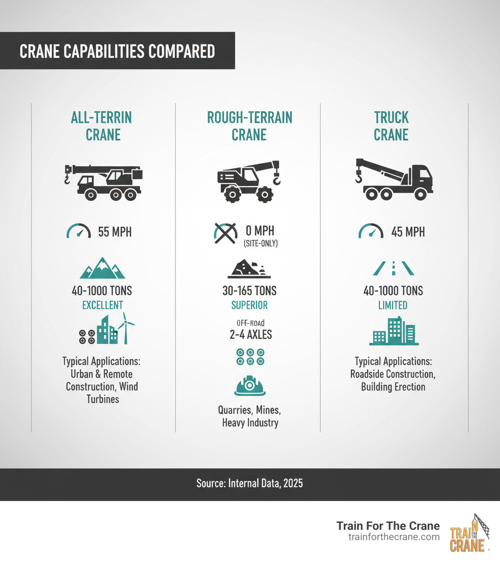 Infographic comparing all-terrain cranes, rough-terrain cranes, and truck cranes showing key differences in road speed (55 mph vs 0 mph vs 45 mph), off-road capability (excellent vs superior vs limited), lifting capacity ranges, axle configurations (2-9 axles vs 2-4 axles vs 2-5 axles), and typical applications for each crane type - all terrain crane infographic Infographic comparing all-terrain cranes, rough-terrain cranes, and truck cranes showing key differences in road speed (55 mph vs 0 mph vs 45 mph), off-road capability (excellent vs superior vs limited), lifting capacity ranges, axle configurations (2-9 axles vs 2-4 axles vs 2-5 axles), and typical applications for each crane type - all terrain crane infographic