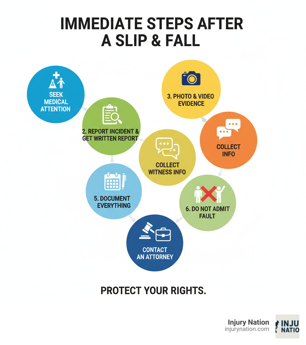 Infographic showing the immediate steps after a slip and fall: 1. Seek medical attention immediately, even if injuries seem minor. 2. Report the incident to the property owner or manager and request a written incident report. 3. Take photos and videos of the exact location, the hazard that caused your fall, and your visible injuries. 4. Get contact information from any witnesses who saw what happened. 5. Document everything—medical treatment, missed work days, and how the injury affects your daily life. 6. Do NOT admit fault or apologize to anyone at the scene. 7. Contact an experienced slip and fall attorney as soon as possible to protect your rights and meet legal deadlines. - Slip and fall attorney infographic Infographic showing the immediate steps after a slip and fall: 1. Seek medical attention immediately, even if injuries seem minor. 2. Report the incident to the property owner or manager and request a written incident report. 3. Take photos and videos of the exact location, the hazard that caused your fall, and your visible injuries. 4. Get contact information from any witnesses who saw what happened. 5. Document everything—medical treatment, missed work days, and how the injury affects your daily life. 6. Do NOT admit fault or apologize to anyone at the scene. 7. Contact an experienced slip and fall attorney as soon as possible to protect your rights and meet legal deadlines. - Slip and fall attorney infographic