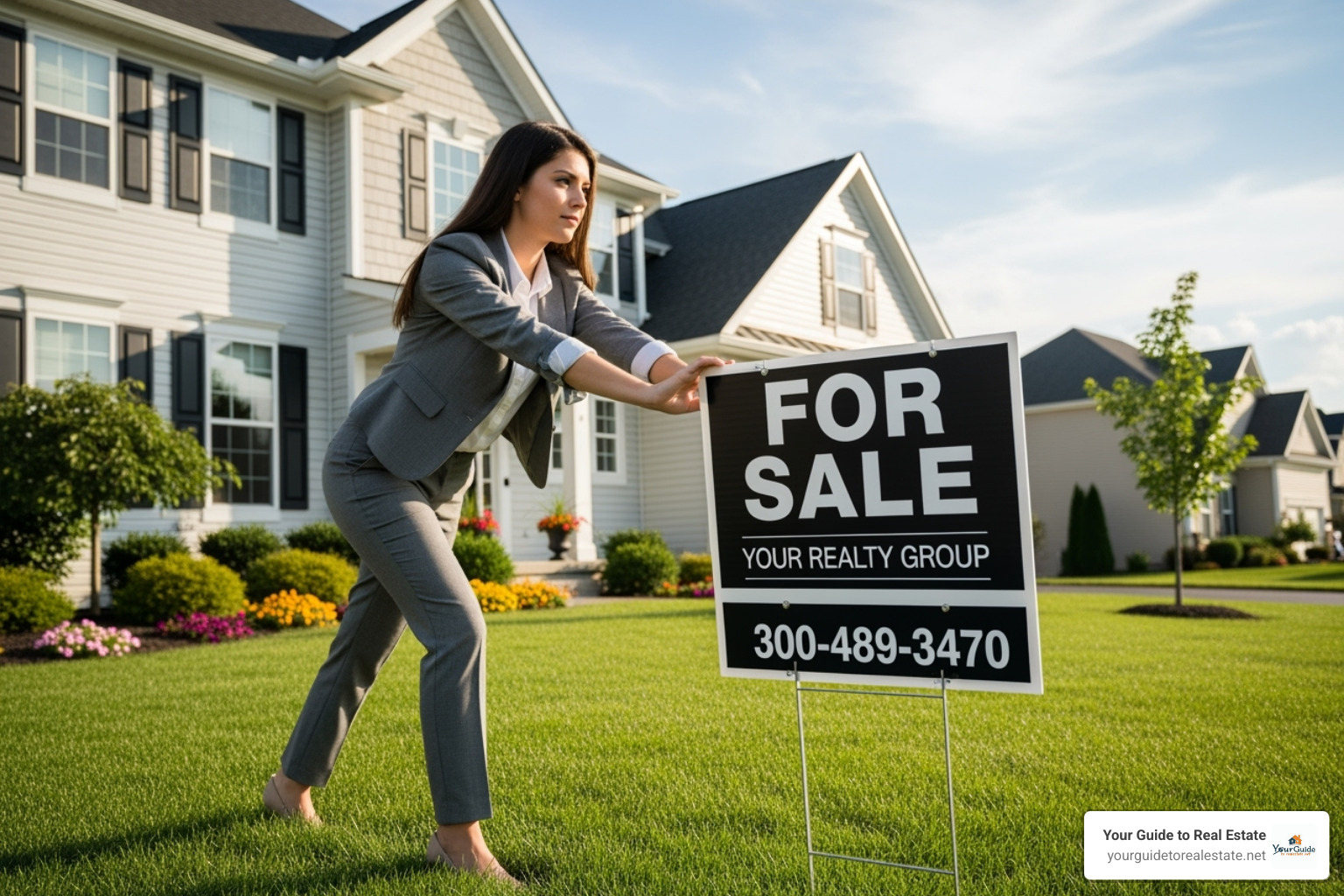new real estate agent putting a "For Sale" sign in a yard - real estate agent tips