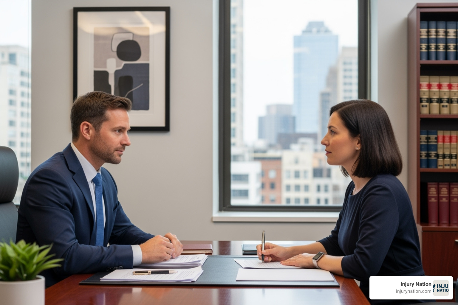 lawyer meeting with a client in an office - Slip and fall attorney lawyer meeting with a client in an office - Slip and fall attorney