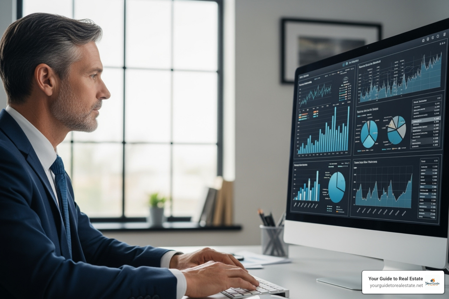 experienced agent analyzing market data on a large monitor - real estate agent tips
