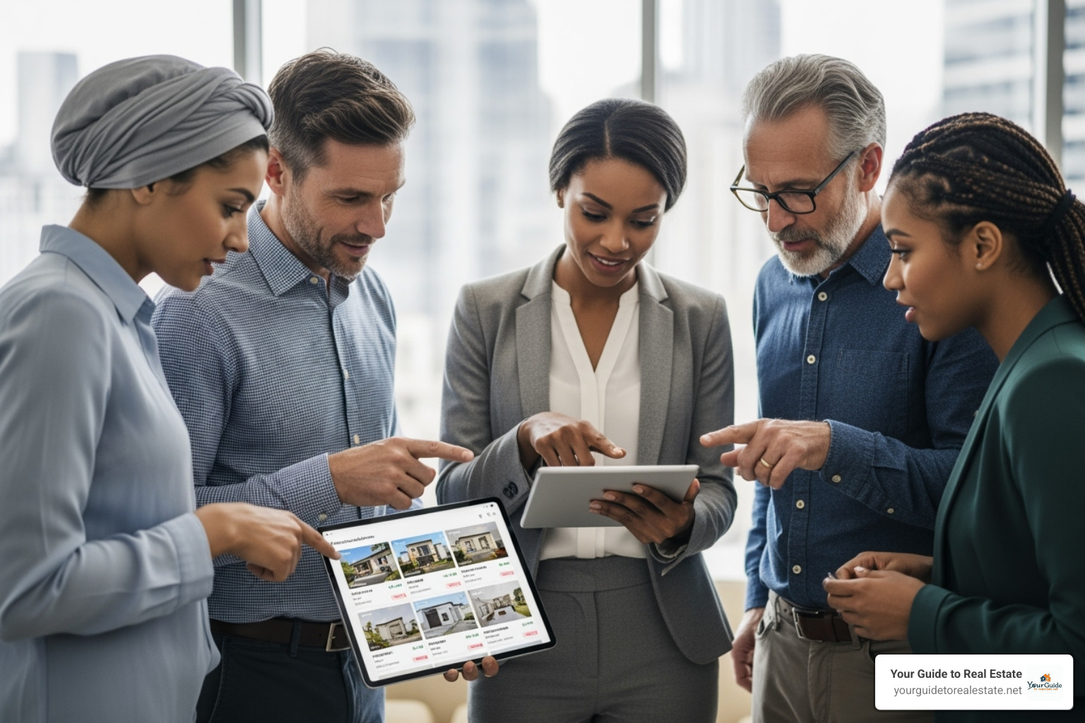 diverse group of people looking at property listings on a tablet with an agent - real estate agent tips