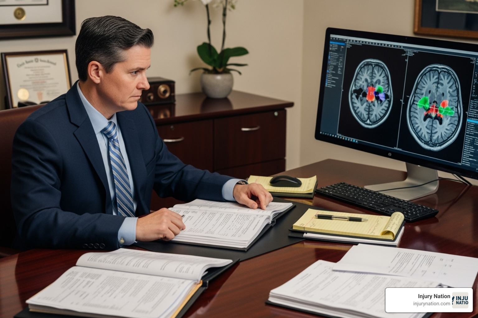 A lawyer reviewing medical records and an MRI scan, emphasizing the need for legal expertise in complex TBI cases - brain injury lawyer near me