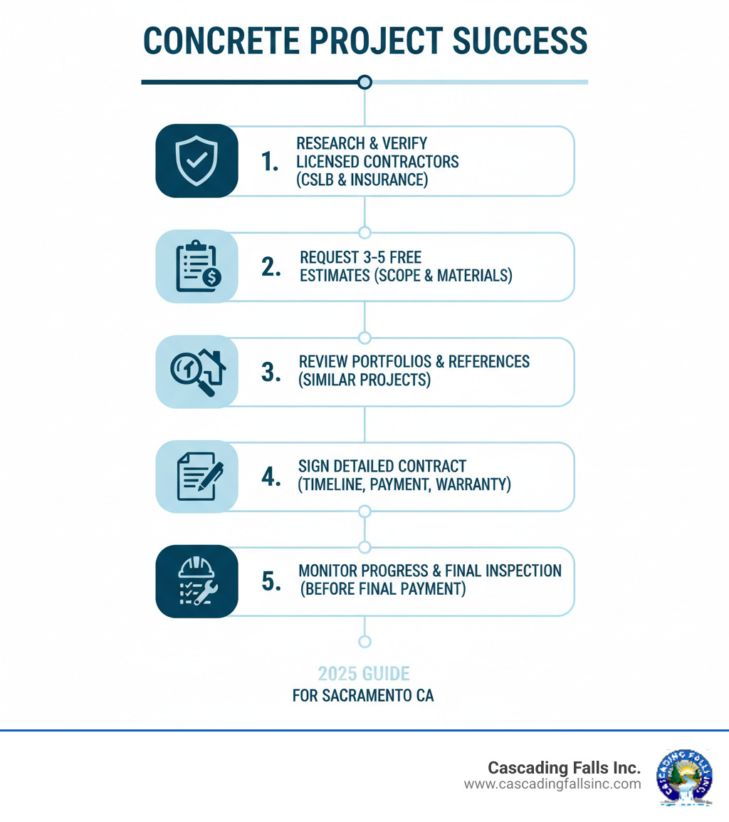 Infographic showing the 5 steps to concrete project success: 1. Research and verify licensed contractors with CSLB certification and insurance, 2. Request free estimates from 3-5 contractors with detailed scope and materials, 3. Review portfolios and check references from similar completed projects, 4. Sign a detailed contract specifying timeline, payment schedule, and warranty terms, 5. Monitor progress and conduct final inspection before making final payment - concrete contractors sacramento ca infographic Infographic showing the 5 steps to concrete project success: 1. Research and verify licensed contractors with CSLB certification and insurance, 2. Request free estimates from 3-5 contractors with detailed scope and materials, 3. Review portfolios and check references from similar completed projects, 4. Sign a detailed contract specifying timeline, payment schedule, and warranty terms, 5. Monitor progress and conduct final inspection before making final payment - concrete contractors sacramento ca infographic