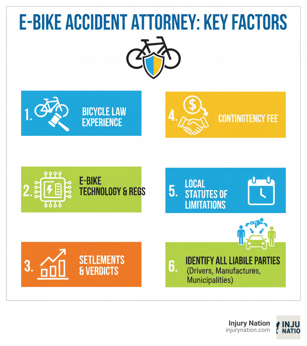infographic showing key factors when choosing an ebike accident attorney including experience with bicycle law, understanding of ebike technology and regulations, track record of settlements and verdicts, contingency fee arrangement, knowledge of local statutes of limitations, and ability to identify all liable parties including drivers manufacturers and municipalities - ebike accident attorney infographic 