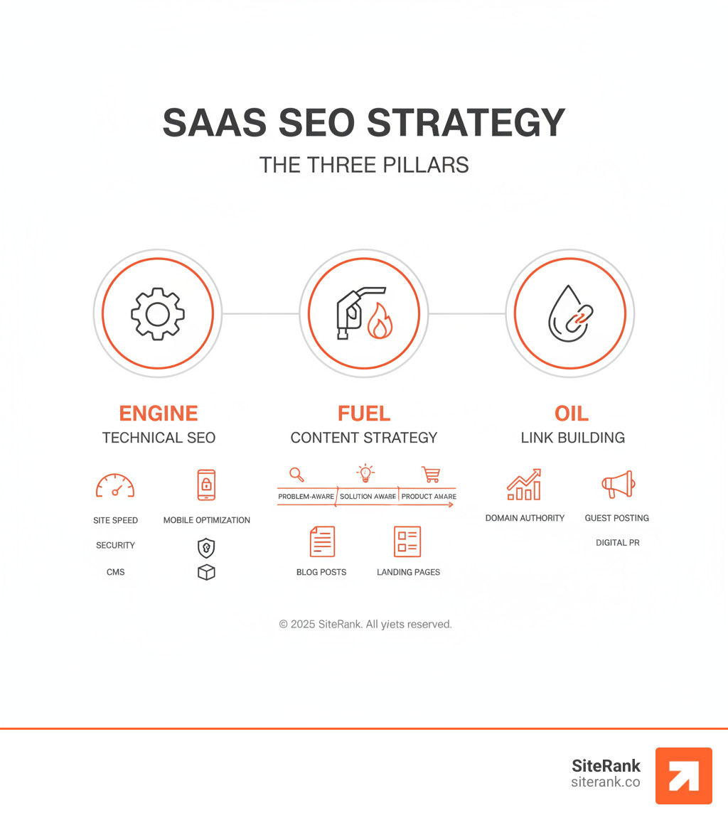 infographic showing the three pillars of SaaS SEO strategy: Engine (Technical SEO including site speed, mobile optimization, security, and CMS), Fuel (Content Strategy covering user journey stages from problem-aware to product-aware with blog posts and landing pages), and Oil (Link Building through domain authority, guest posting, and digital PR) - saas seo marketing infographic infographic showing the three pillars of SaaS SEO strategy: Engine (Technical SEO including site speed, mobile optimization, security, and CMS), Fuel (Content Strategy covering user journey stages from problem-aware to product-aware with blog posts and landing pages), and Oil (Link Building through domain authority, guest posting, and digital PR) - saas seo marketing infographic