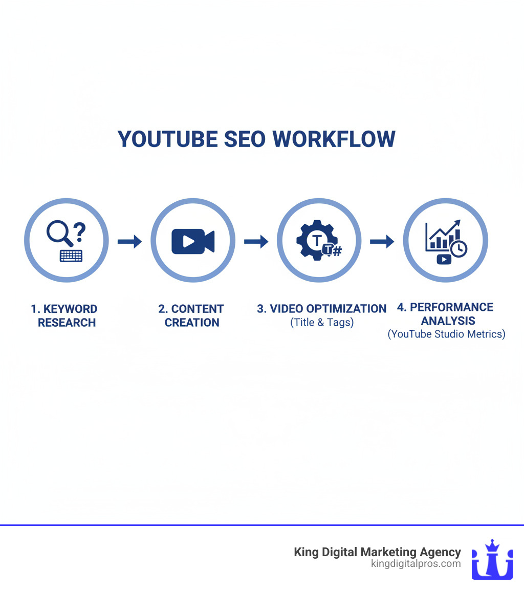 Infographic showing the YouTube SEO workflow from keyword research through content creation, video optimization with titles and tags, and performance analysis using YouTube Studio metrics - how to find youtube keyword competition score and seo infographic 