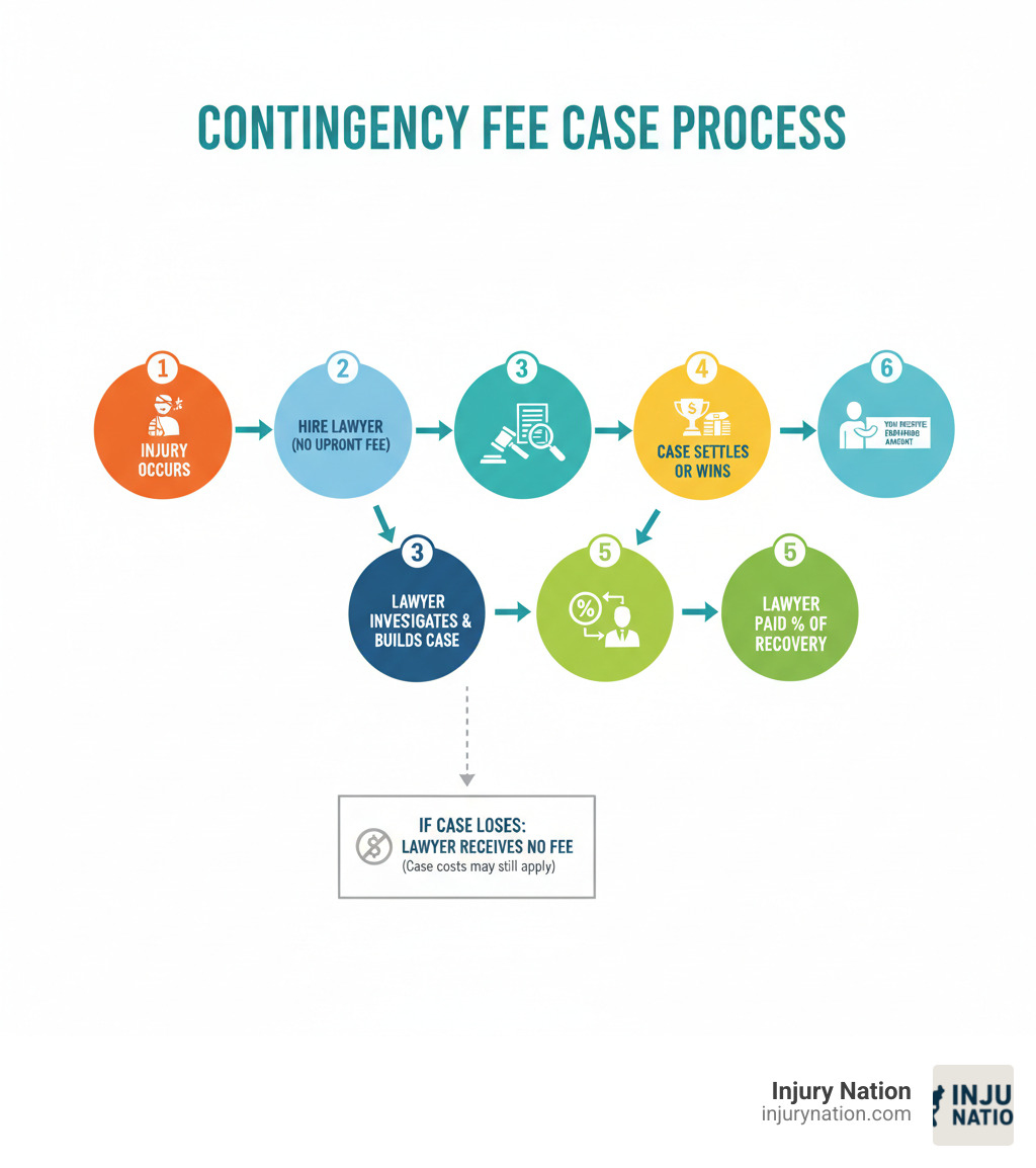 Infographic showing the contingency fee case process: Step 1 - Injury Occurs, Step 2 - Hire Lawyer with No Upfront Fee, Step 3 - Lawyer Investigates and Builds Case, Step 4 - Case Settles or Wins at Trial, Step 5 - Lawyer is Paid Percentage of Recovery, Step 6 - You Receive the Remaining Amount. Alternate path from Step 3: If Case Loses, Lawyer Receives No Fee (though case costs may still apply depending on agreement) - contingency fee lawyer infographic 