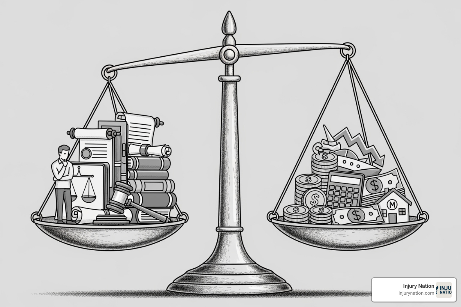A graphic depicting a set of weighing scales. On one side, labeled "Access to Justice," are symbols of legal documents and a person. On the other side, labeled "Legal Costs," are symbols of money and financial burdens. The scales are balanced, suggesting contingency fees help equalize the two. - contingency fee lawyer