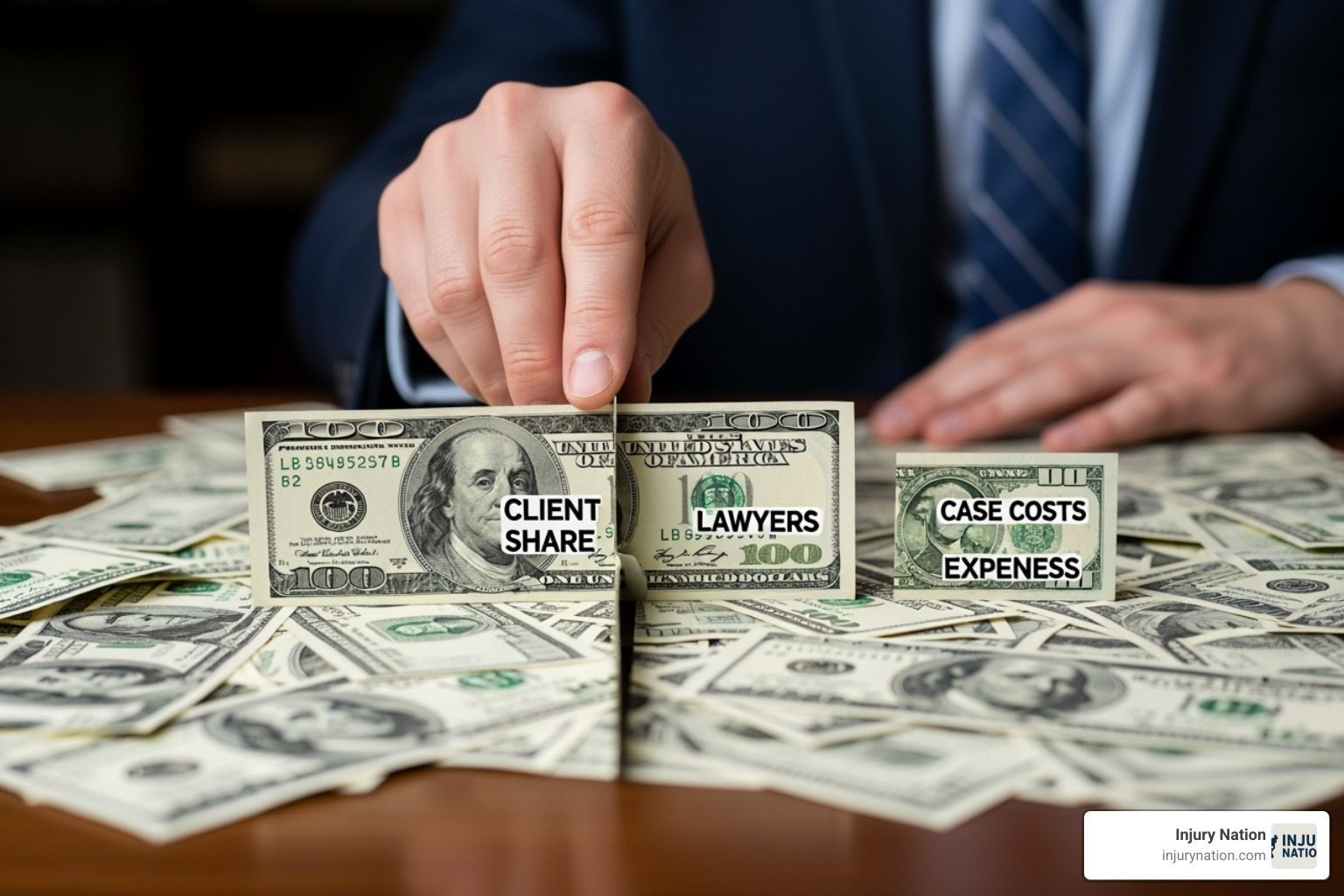 A pie chart illustrating the typical division of a settlement amount, with segments representing the client's share, the lawyer's contingency fee, and various case costs and expenses. - contingency fee lawyer