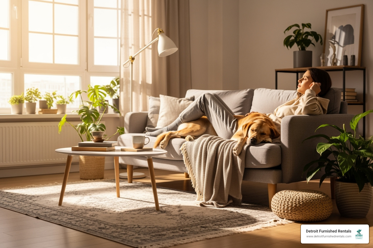 person relaxing with their dog in a modern, sunlit apartment - extended stay apartments Detroit