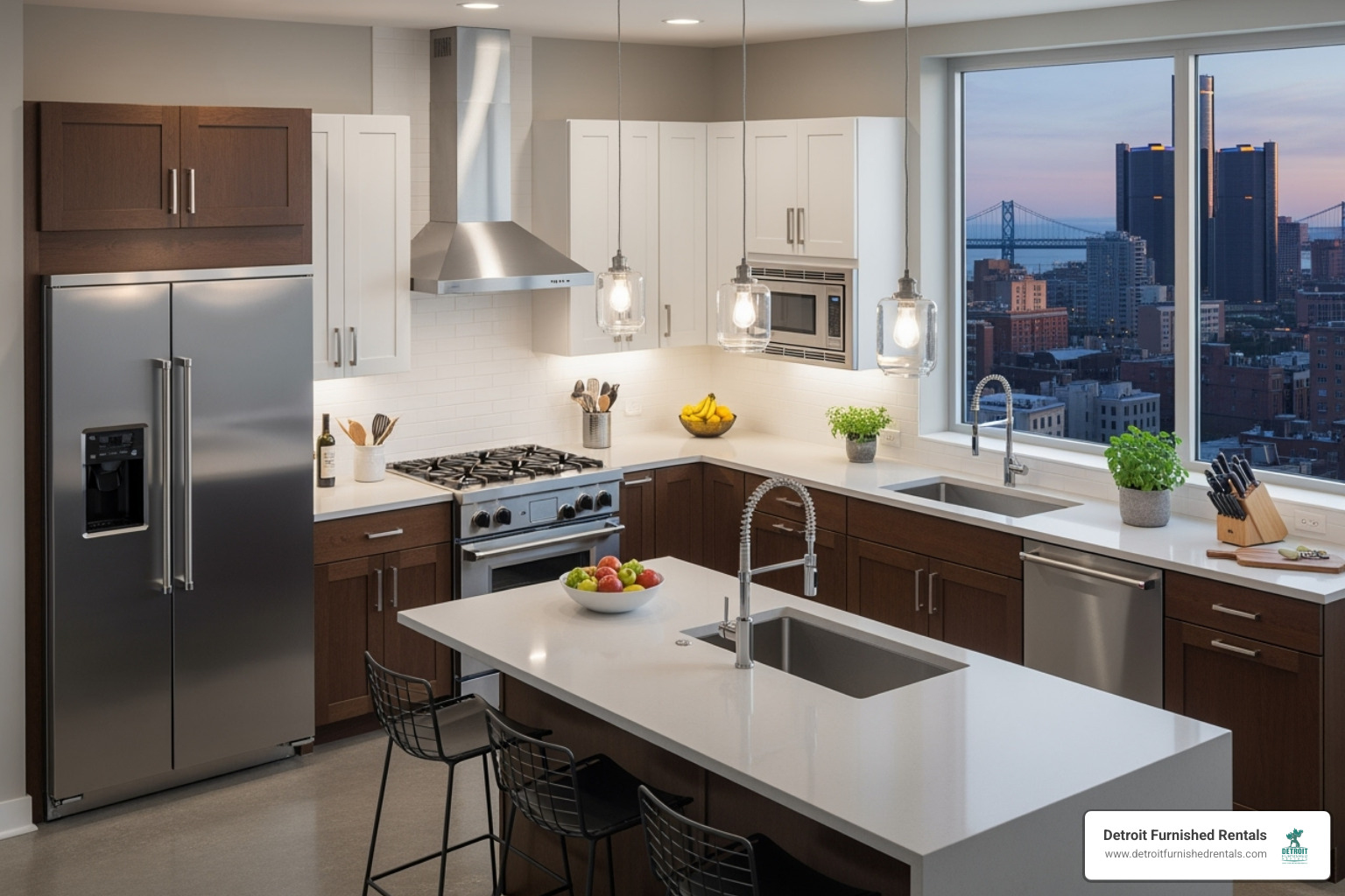 fully equipped kitchen in a modern Detroit apartment - extended stay apartments Detroit
