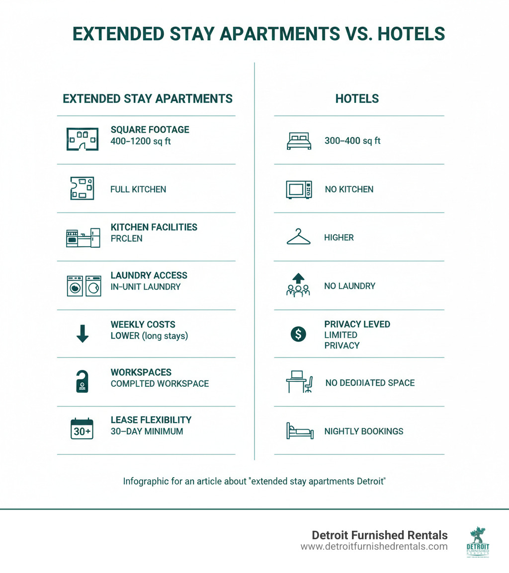 infographic comparing extended stay apartments versus hotels showing differences in square footage, kitchen facilities, laundry access, weekly costs, privacy levels, workspace availability, and typical lease flexibility with extended stay apartments offering 400-1200 sq ft, full kitchens, in-unit laundry, lower weekly costs for longer stays, complete privacy, dedicated workspaces, and 30-day minimum stays versus hotels offering 300-400 sq ft, no kitchen, no laundry, higher weekly costs, limited privacy, and nightly bookings - extended stay apartments Detroit infographic 