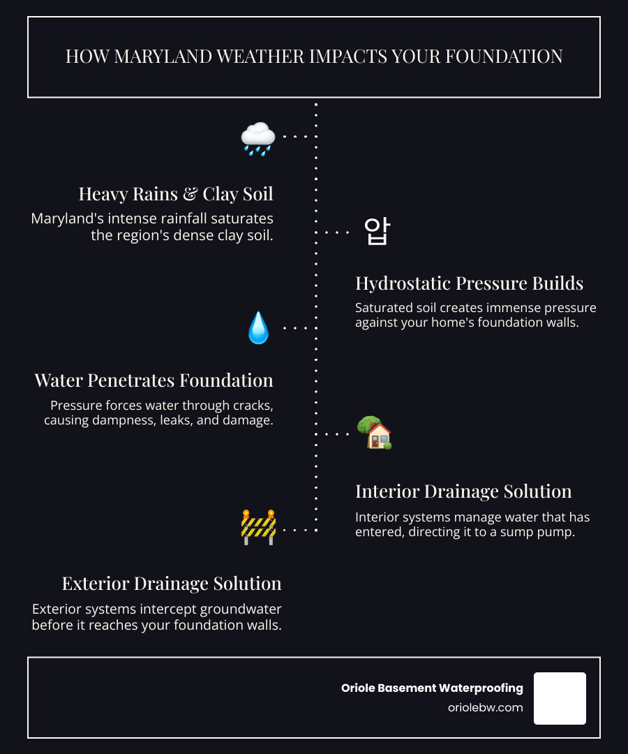 infographic showing how water pressure builds against foundation walls in clay soil, the path water takes through cracks, and how both interior and exterior drainage systems intercept and redirect water away from the home - best foundation drainage system infographic infographic-line-5-steps-dark