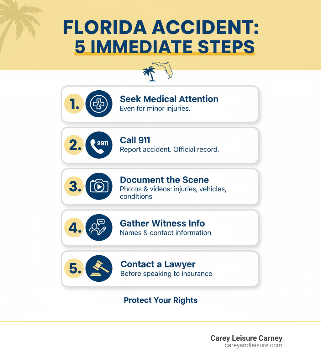 Infographic explaining the 5 immediate steps to take after an accident in Florida: 1. Seek medical attention immediately, even for minor injuries. 2. Call 911 to report the accident and create an official record. 3. Document the scene with photos and videos of injuries, vehicles, and conditions. 4. Gather witness names and contact information. 5. Contact a personal injury lawyer before speaking to any insurance company. - personal injury lawyer wesley chapel infographic 
