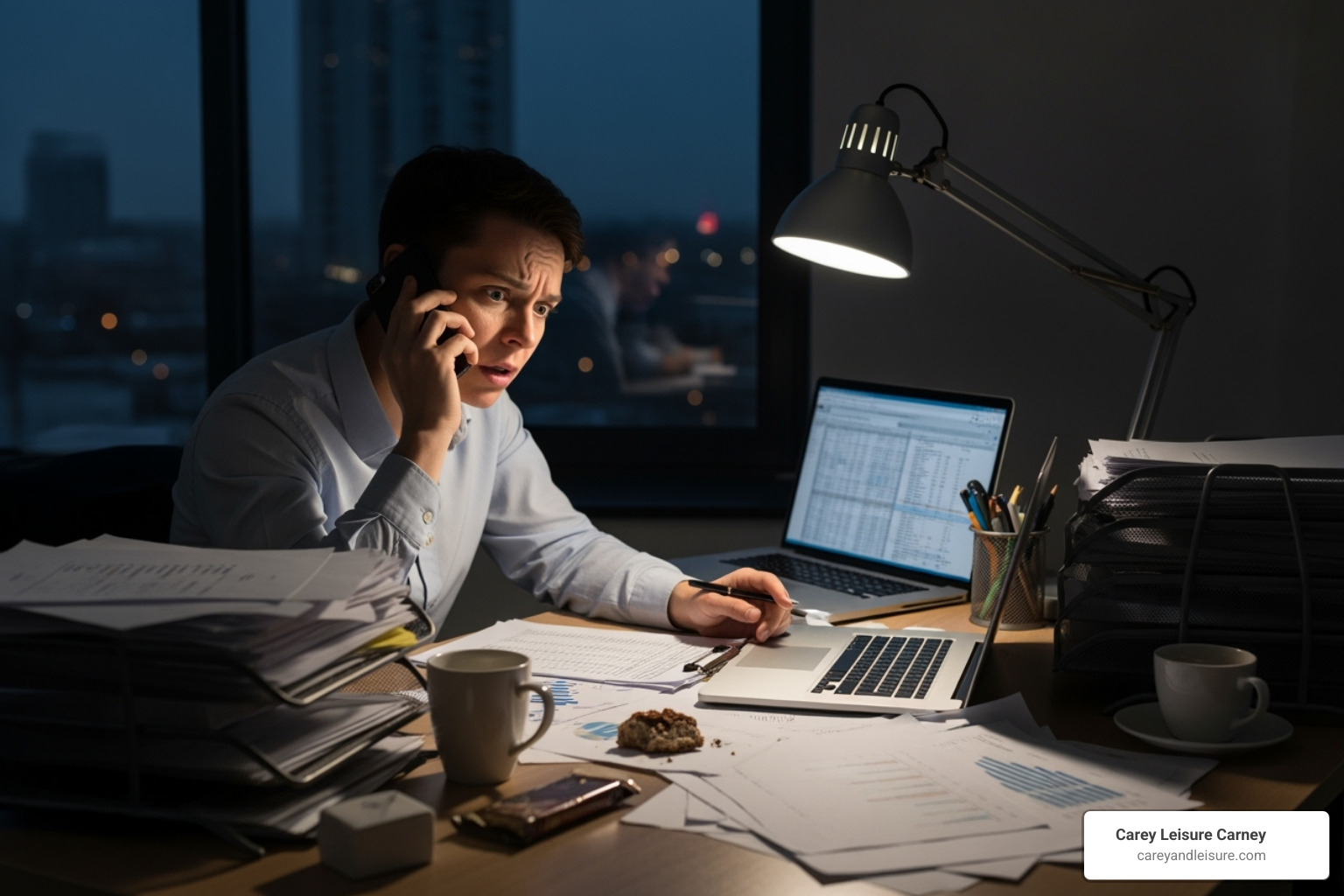 A person looking stressed while on the phone with paperwork - personal injury lawyer wesley chapel