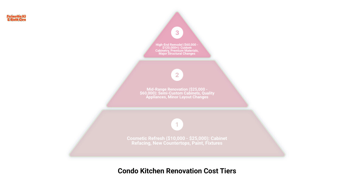 infographic showing condo kitchen renovation cost breakdown with three tiers: cosmetic refresh at $10,000-$25,000 showing cabinet refacing and new paint, mid-range renovation at $25,000-$60,000 showing semi-custom cabinets and quality appliances, and high-end remodel at $60,000+ showing custom cabinetry and premium materials, with percentage breakdowns for cabinets 30-40%, labor 20-35%, appliances 15-20%, countertops 10-15%, fixtures 5-10%, and flooring 5-7% - condo kitchen renovation cost infographic 3_stage_pyramid infographic showing condo kitchen renovation cost breakdown with three tiers: cosmetic refresh at $10,000-$25,000 showing cabinet refacing and new paint, mid-range renovation at $25,000-$60,000 showing semi-custom cabinets and quality appliances, and high-end remodel at $60,000+ showing custom cabinetry and premium materials, with percentage breakdowns for cabinets 30-40%, labor 20-35%, appliances 15-20%, countertops 10-15%, fixtures 5-10%, and flooring 5-7% - condo kitchen renovation cost infographic 3_stage_pyramid