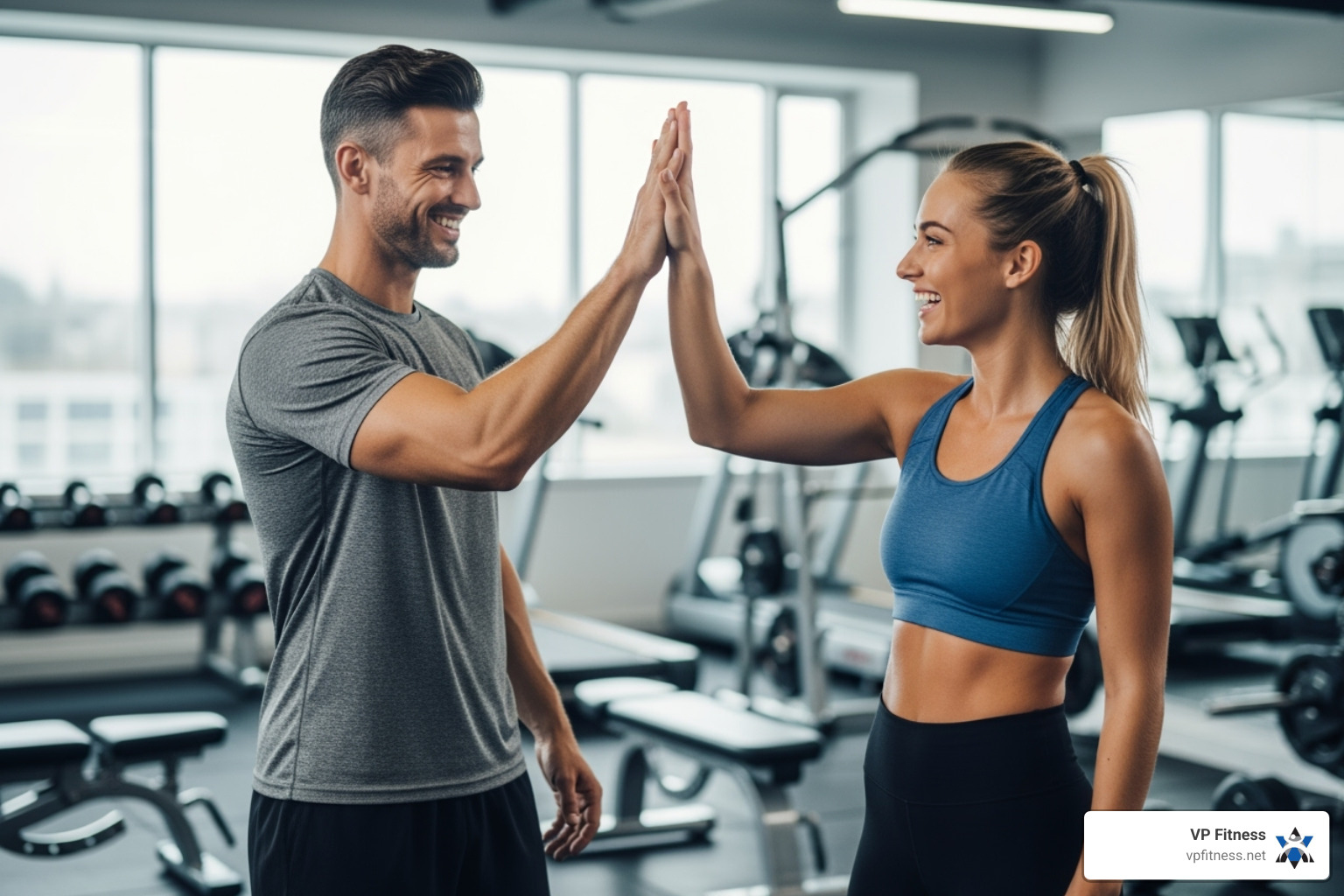 a personal trainer and client high-fiving after a workout - providence personal trainer a personal trainer and client high-fiving after a workout - providence personal trainer