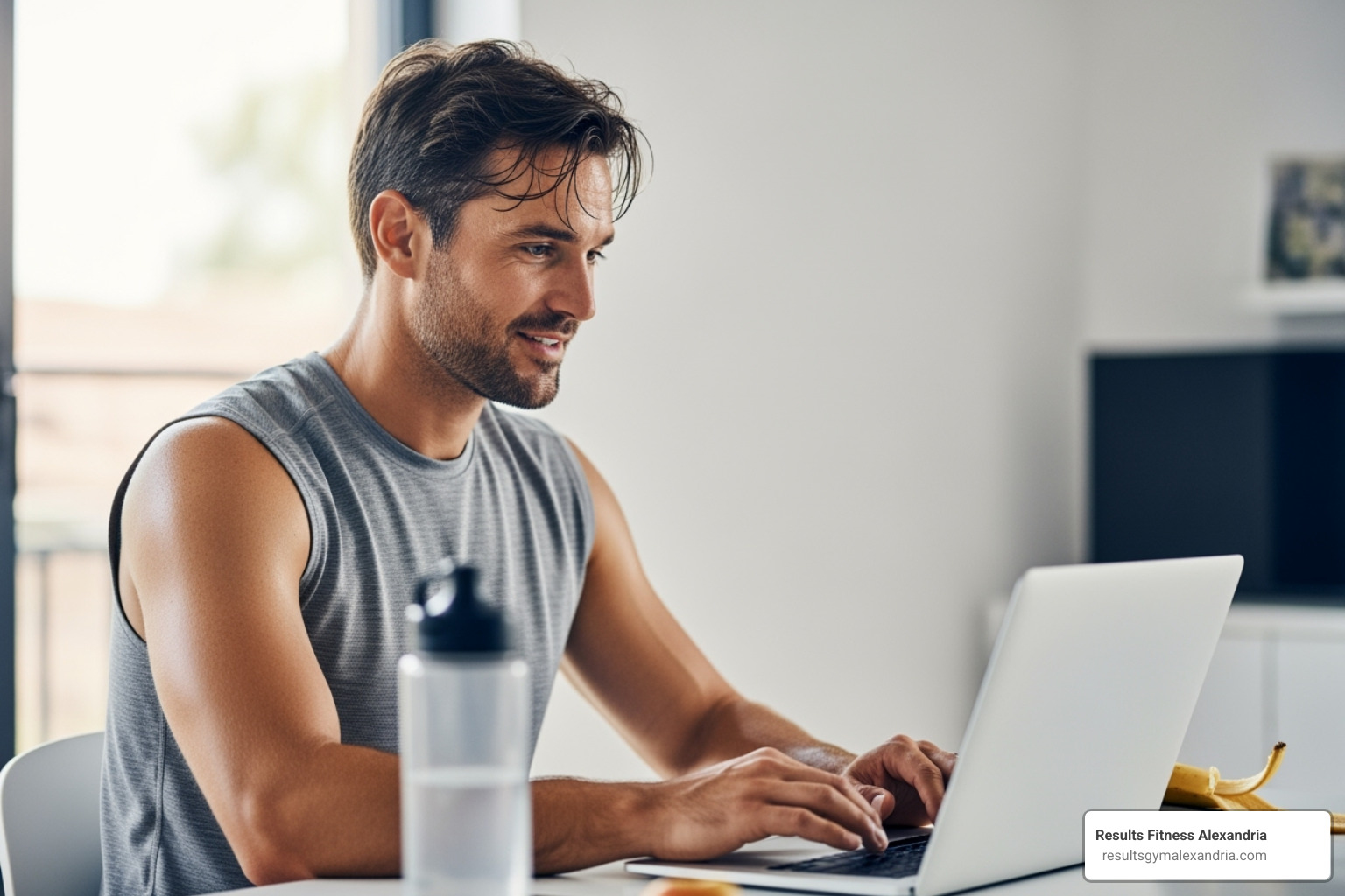 a person looking energized and focused at their desk after a morning workout. - early morning gym classes