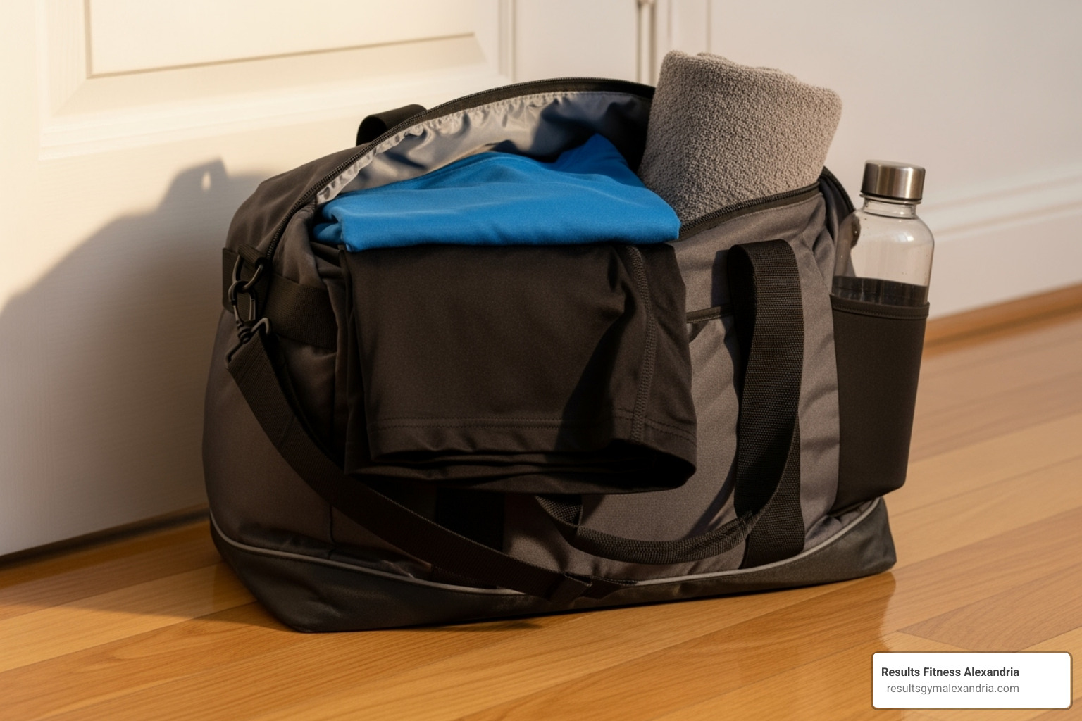 a gym bag packed and ready by the door with workout clothes and a water bottle. - early morning gym classes
