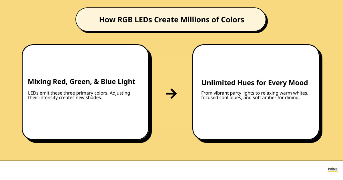 Infographic showing how RGB LEDs mix red, green, and blue light to create millions of colors, with examples of color combinations for different moods: warm white for relaxation, cool blue for focus, vibrant colors for entertaining, and soft amber for dining - Color changing lights infographic cause_effect_text