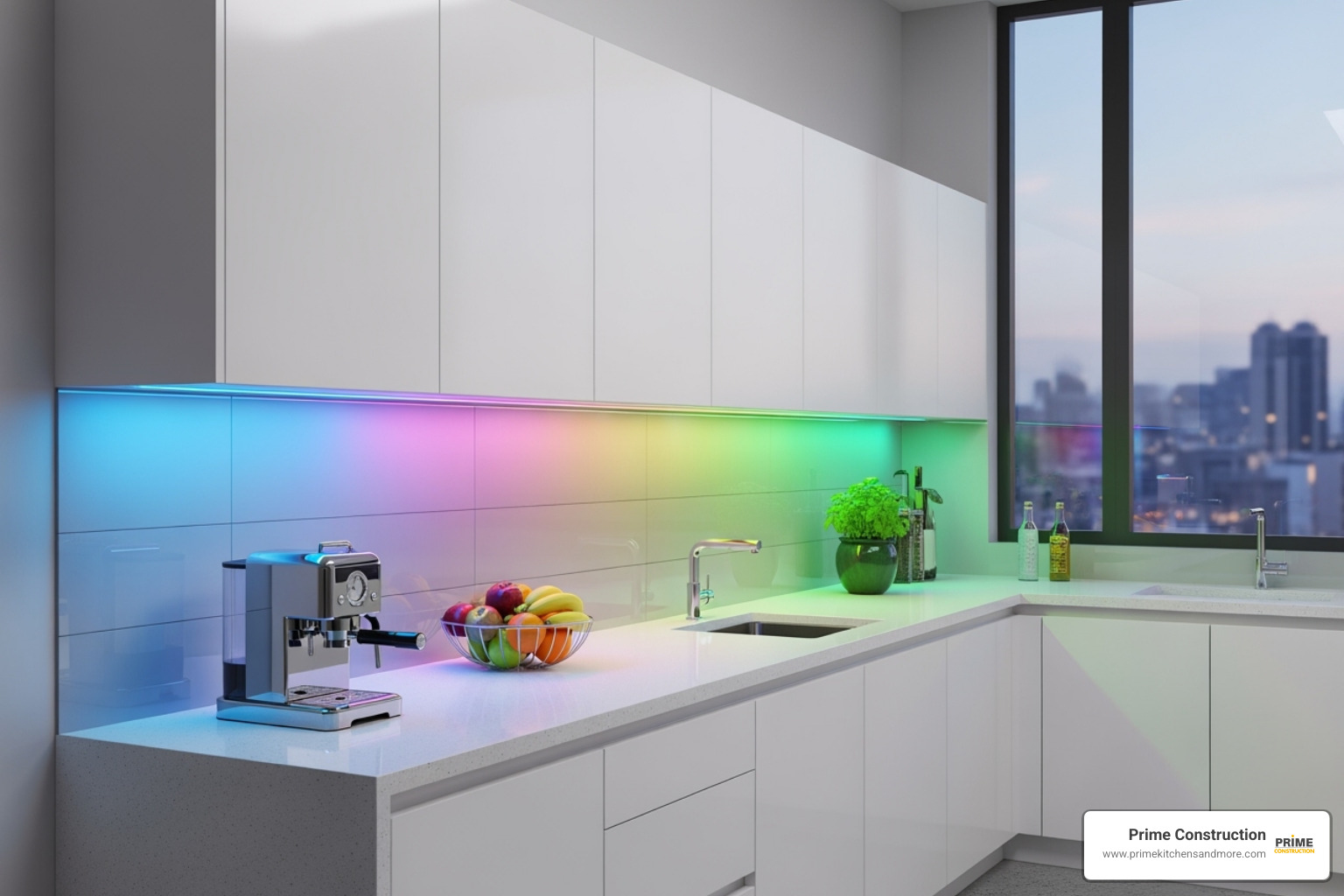 sleek kitchen with colorful under-cabinet lighting - Color changing lights