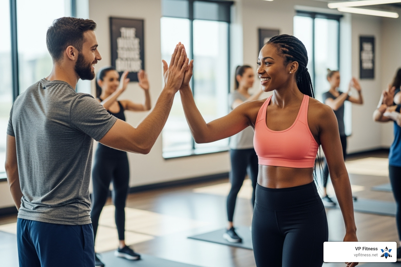A fitness instructor giving a high-five to a class participant, showing encouragement and positive interaction. - community fitness classes near me