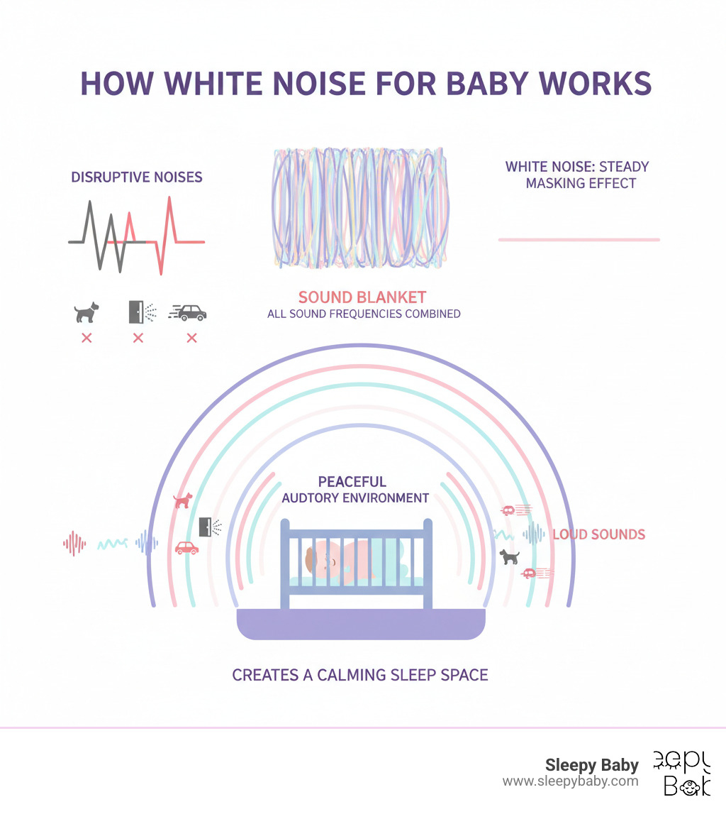 Infographic showing how white noise works: a visual representation of white noise as a blend of all sound frequencies creating a consistent "sound blanket" that masks disruptive noises like dogs barking, doors slamming, and traffic, with wavelength diagrams comparing sudden loud sounds versus the steady masking effect of white noise, plus a cross-section illustration of how white noise creates a protective auditory environment around a sleeping baby - white noise for baby infographic 