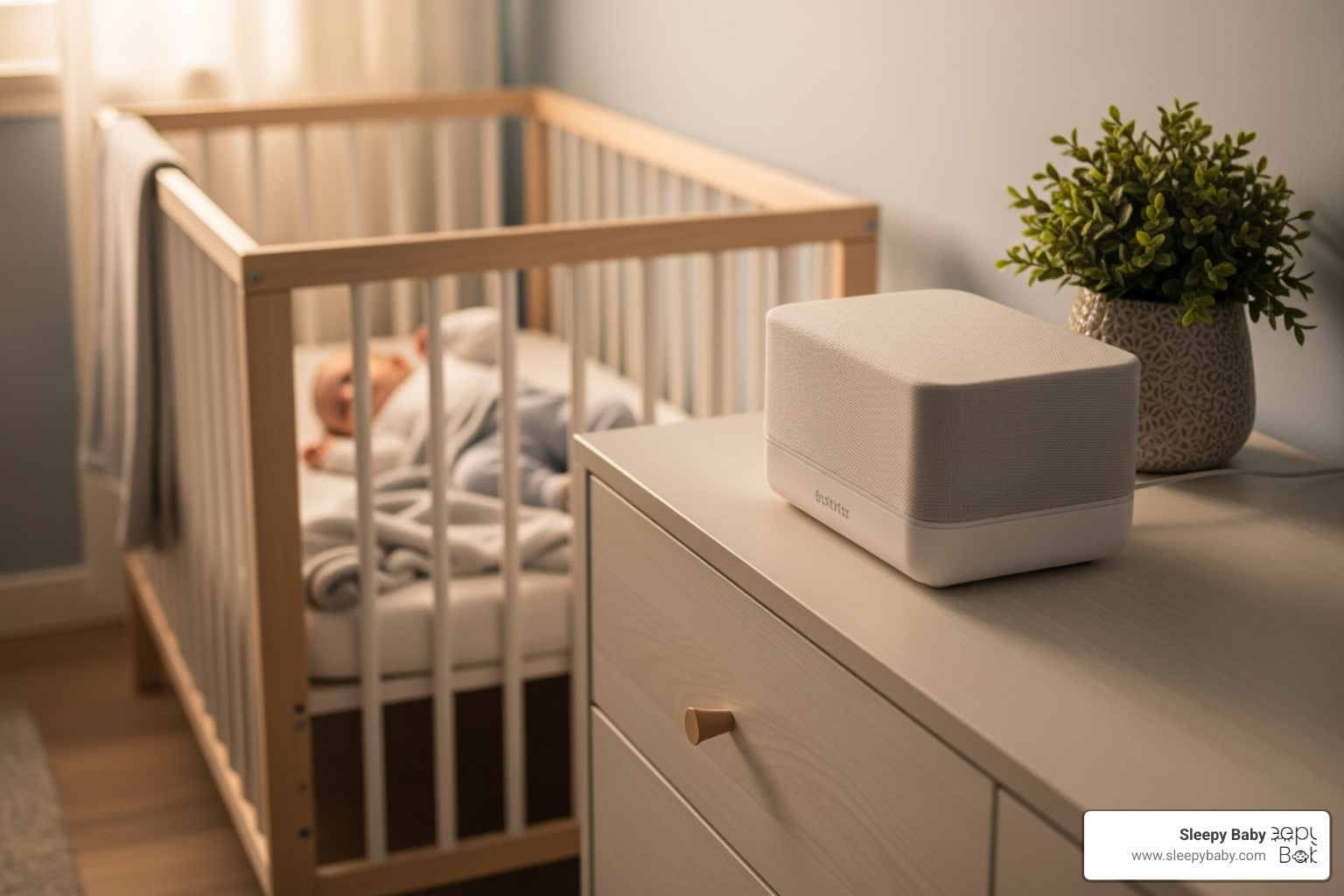 Image illustrating the safe placement of a sound machine at least 7 feet away from a baby's crib - white noise for baby